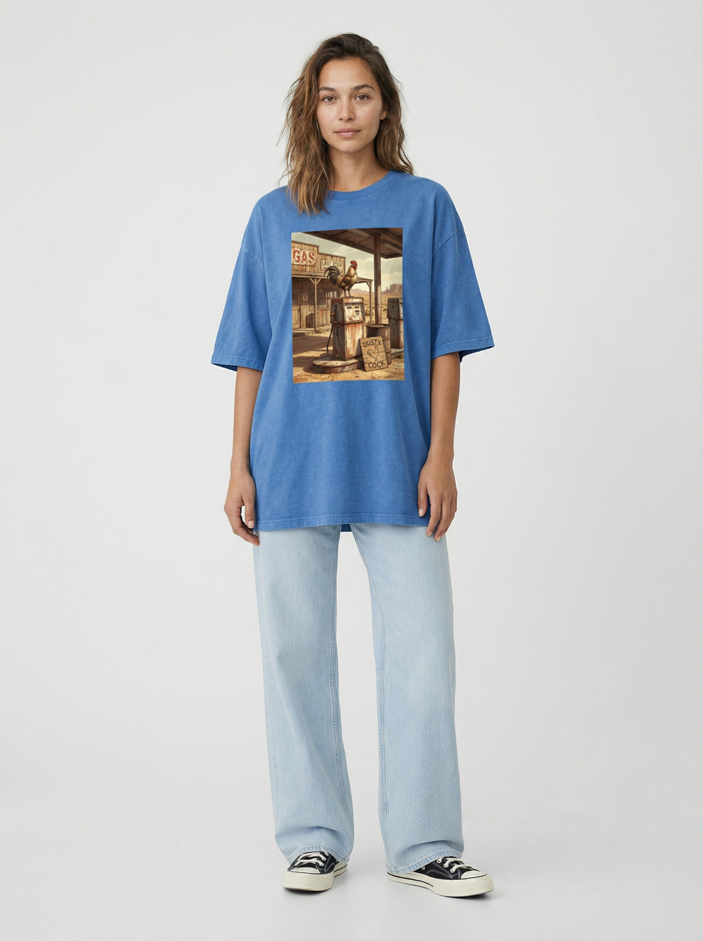 Dusty Cock, Desert Rooster Cowboy Graphic Tee – Heavyweight 100% Cotton, Vintage Wash