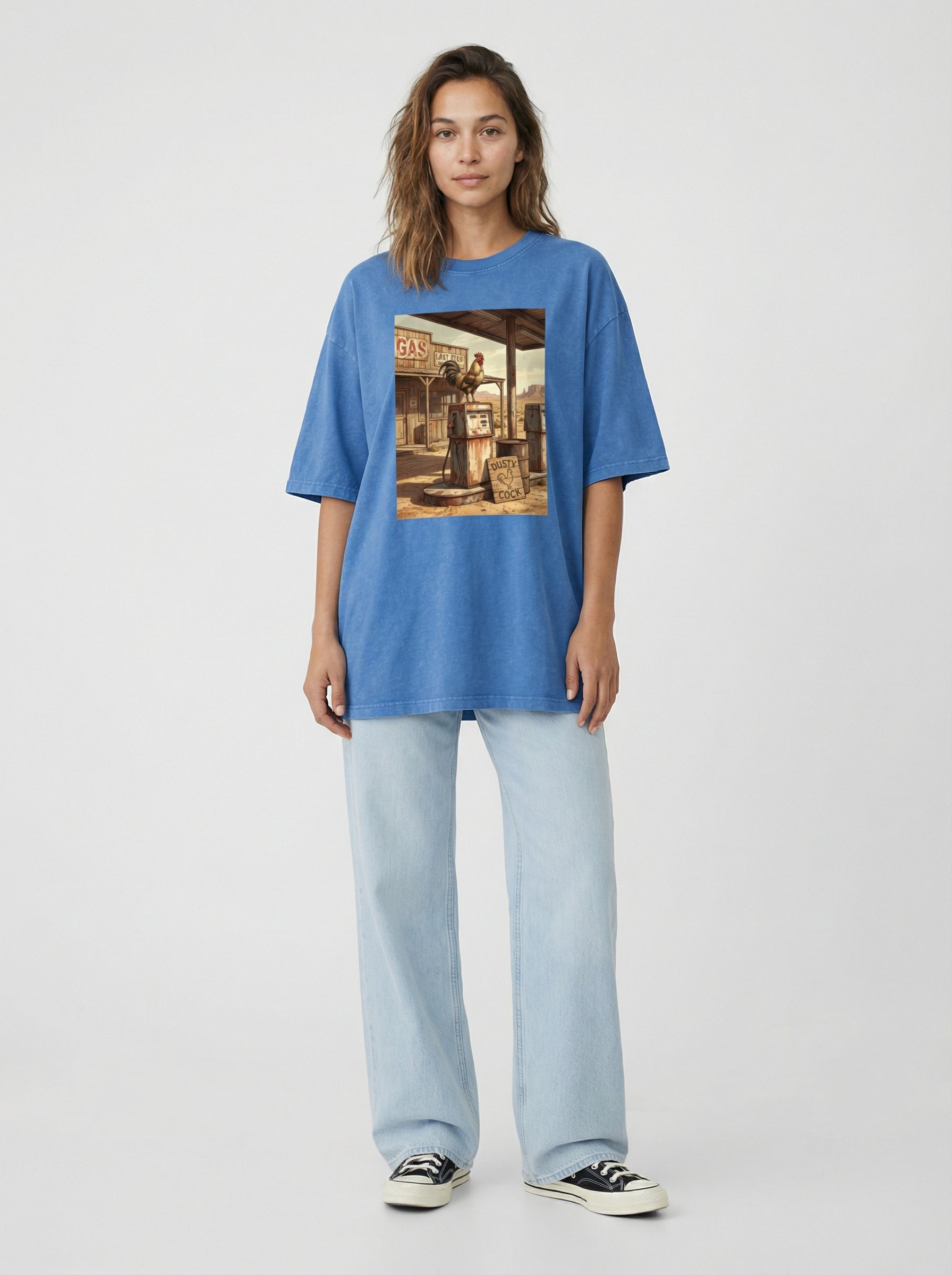 Dusty Cock, Desert Rooster Cowboy Graphic Tee – Heavyweight 100% Cotton, Vintage Wash