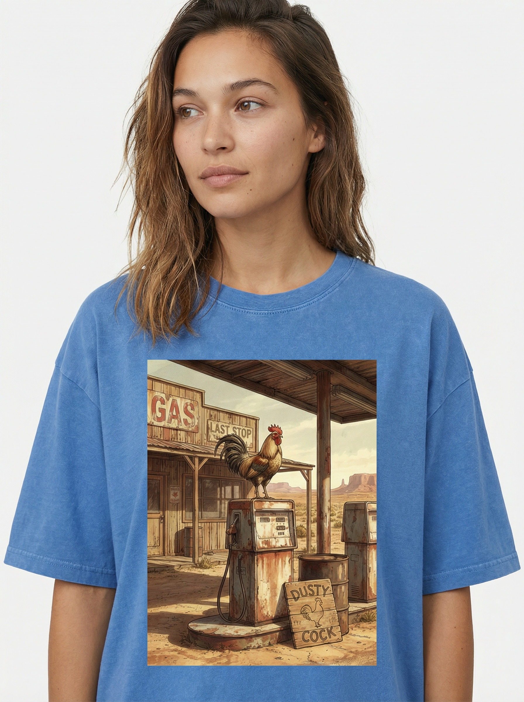 Dusty Cock, Desert Rooster Cowboy Graphic Tee – Heavyweight 100% Cotton, Vintage Wash