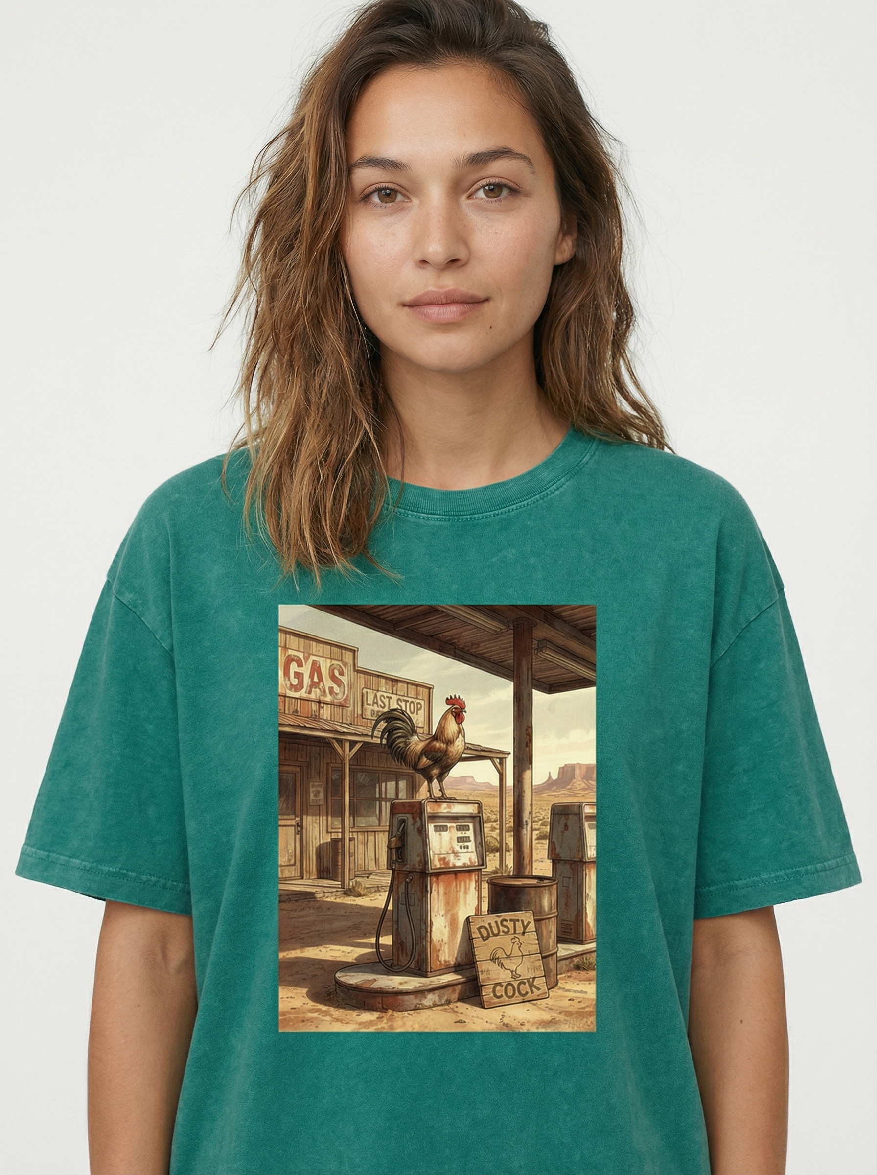 Dusty Cock, Desert Rooster Cowboy Graphic Tee – Heavyweight 100% Cotton, Vintage Wash