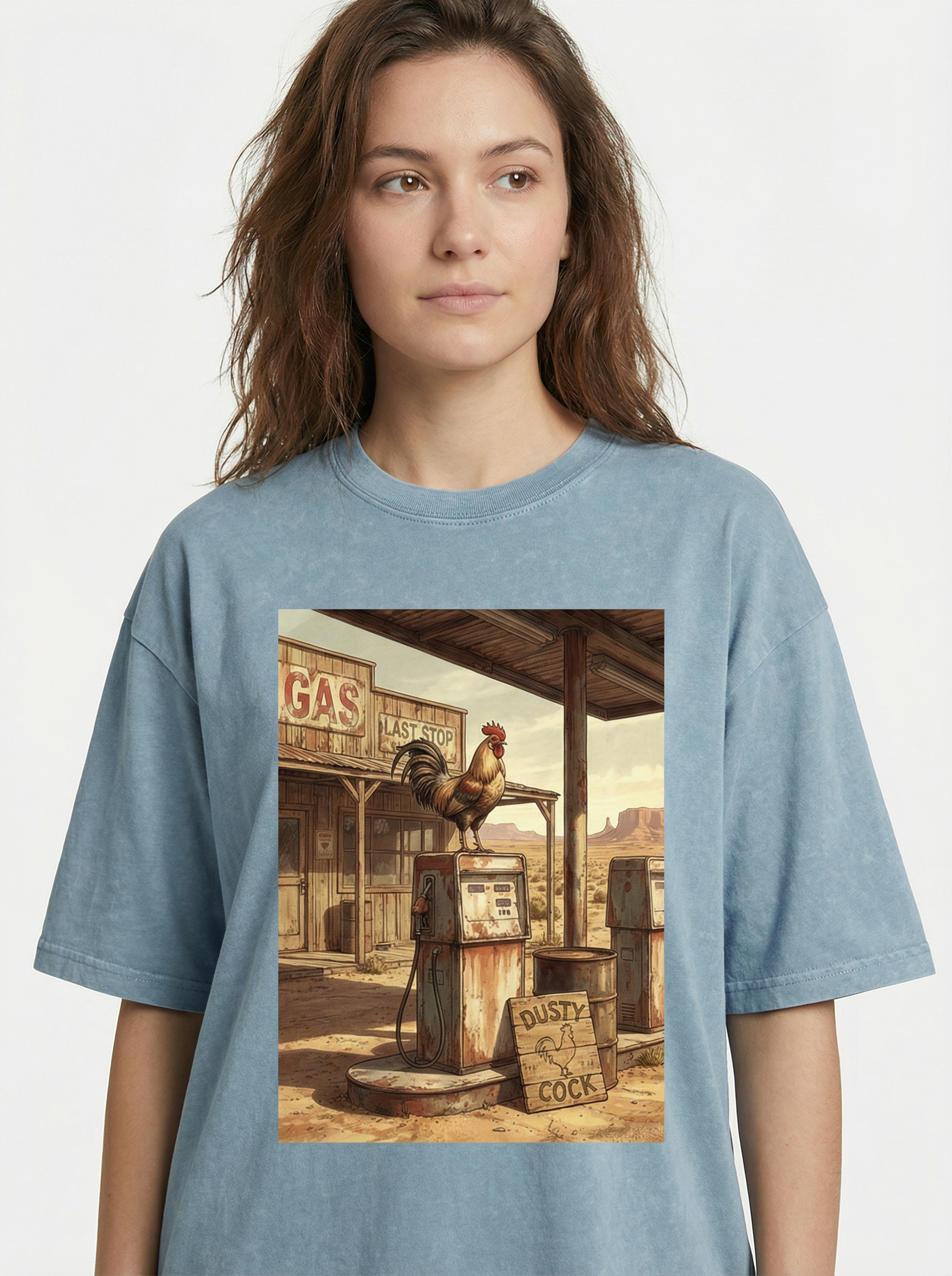 Dusty Cock, Desert Rooster Cowboy Graphic Tee – Heavyweight 100% Cotton, Vintage Wash