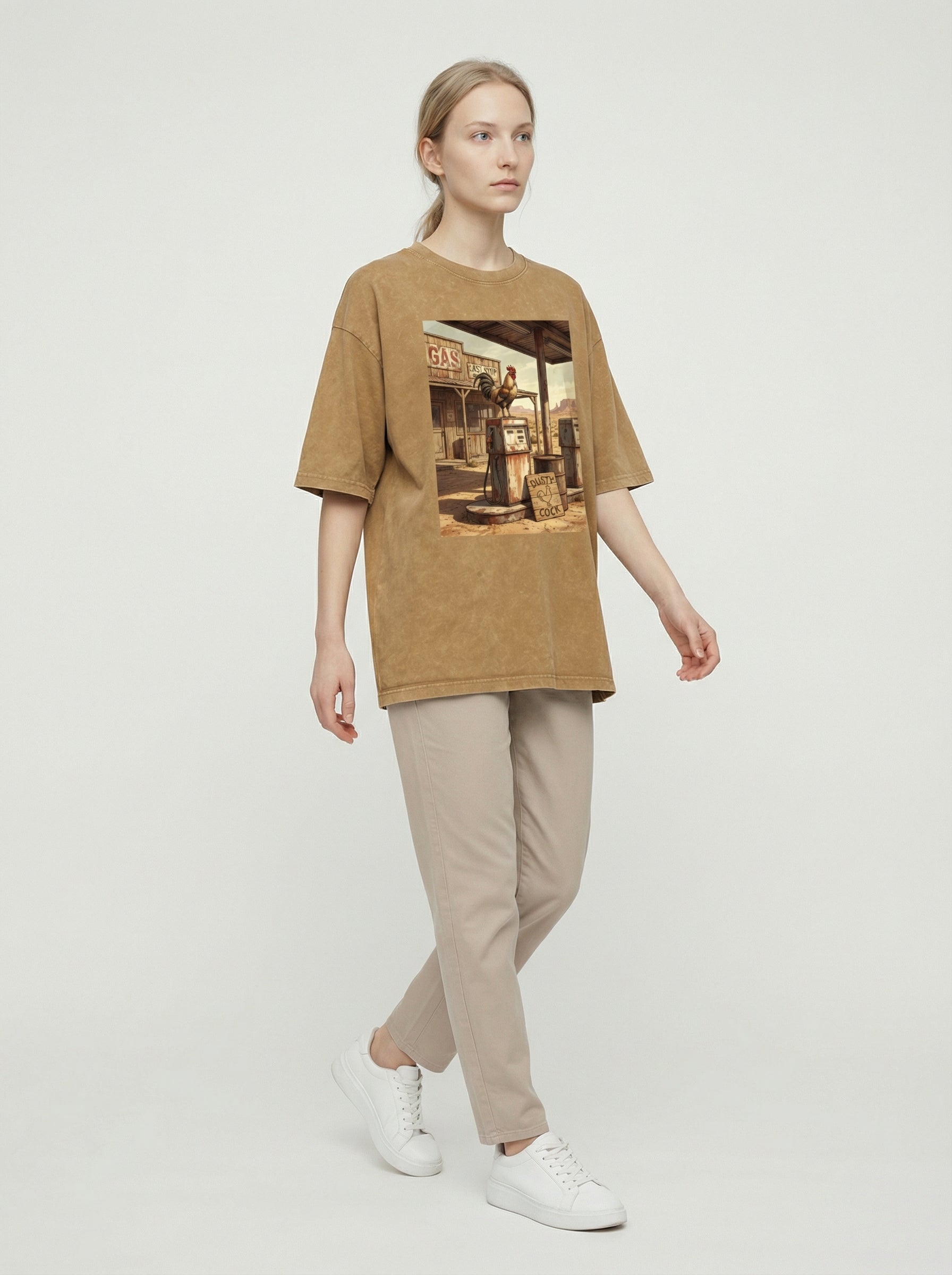 Dusty Cock, Desert Rooster Cowboy Graphic Tee – Heavyweight 100% Cotton, Vintage Wash