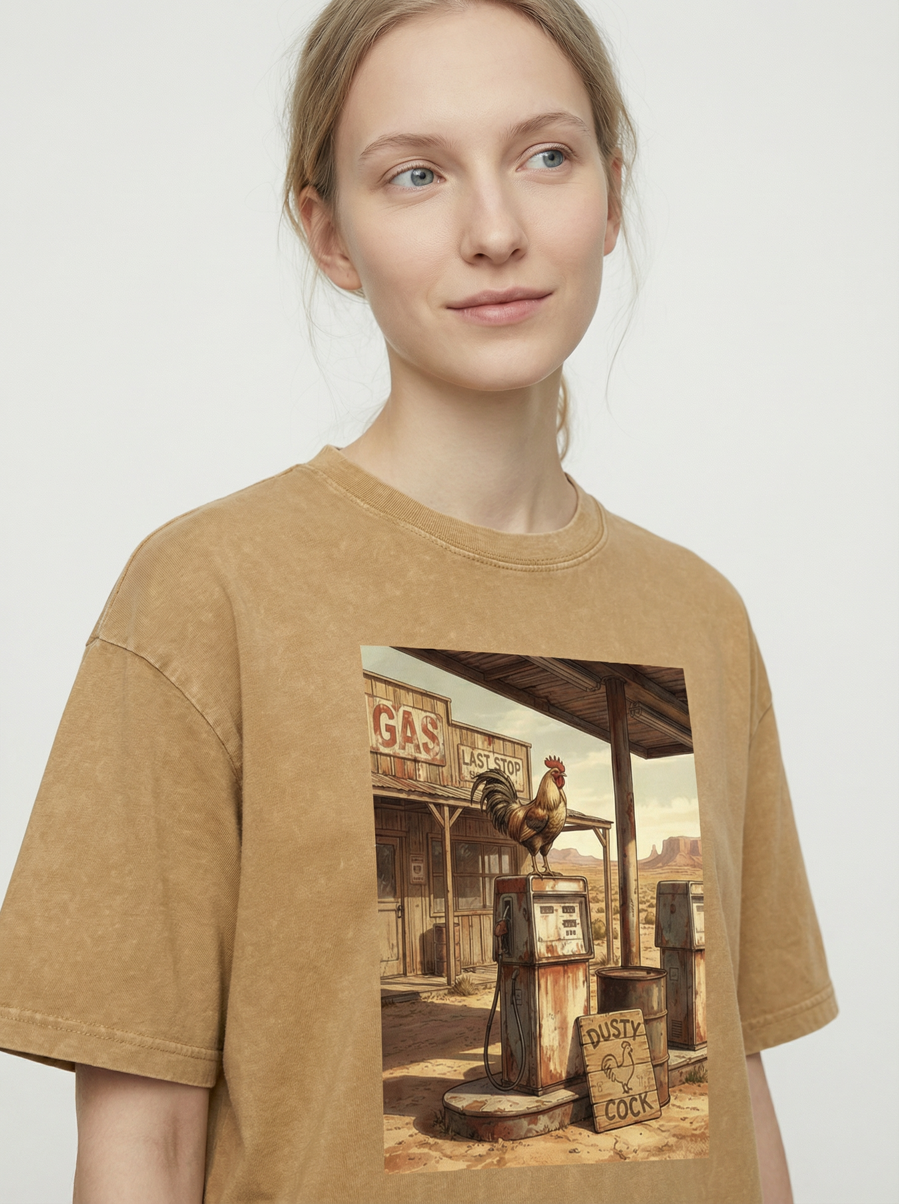 Dusty Cock, Desert Rooster Cowboy Graphic Tee – Heavyweight 100% Cotton, Vintage Wash