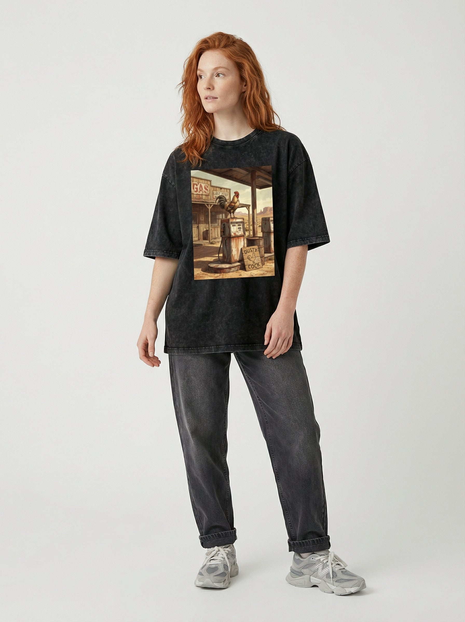 Dusty Cock, Desert Rooster Cowboy Graphic Tee – Heavyweight 100% Cotton, Vintage Wash