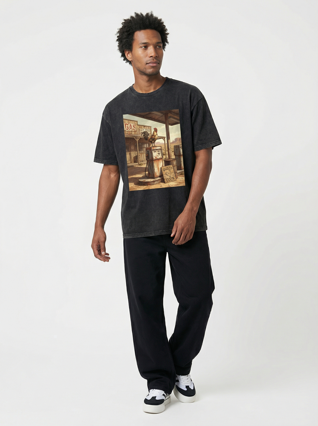 Dusty Cock, Desert Rooster Cowboy Graphic Tee – Heavyweight 100% Cotton, Vintage Wash