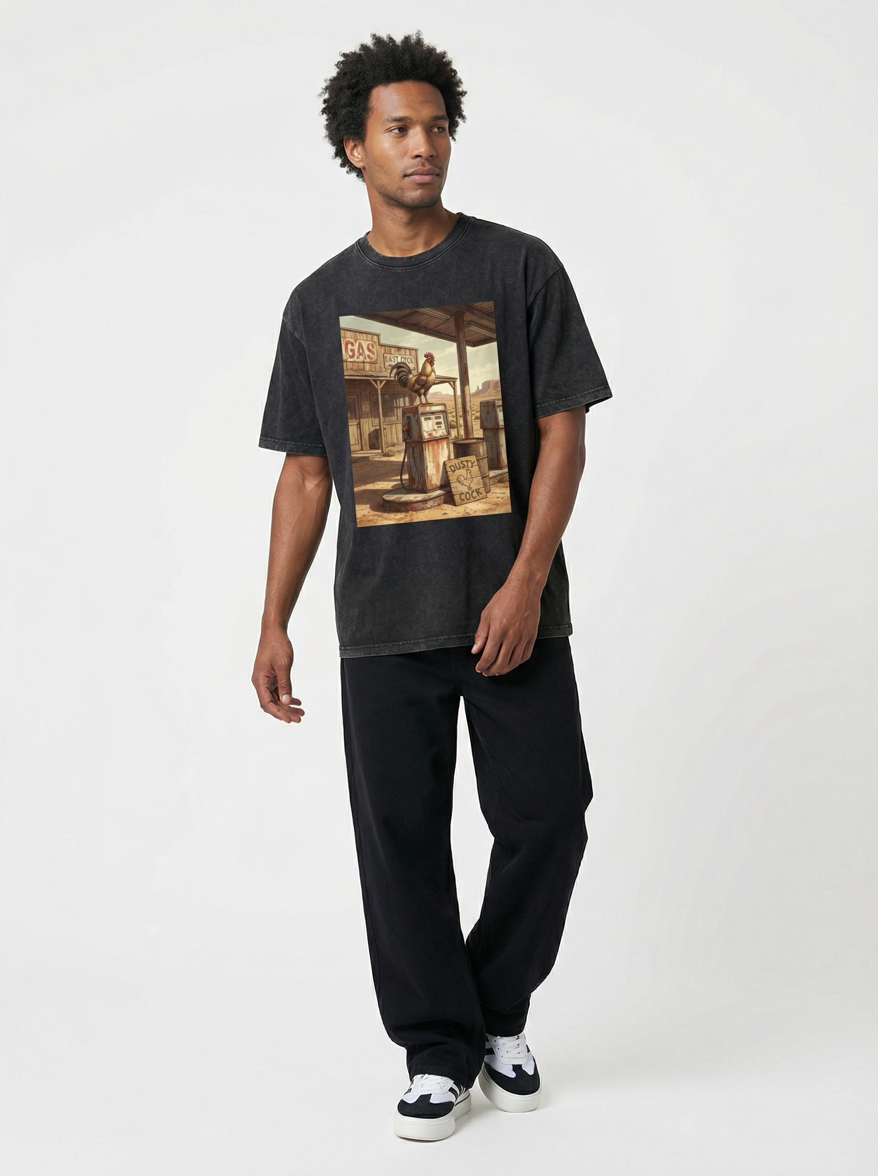 Dusty Cock, Desert Rooster Cowboy Graphic Tee – Heavyweight 100% Cotton, Vintage Wash