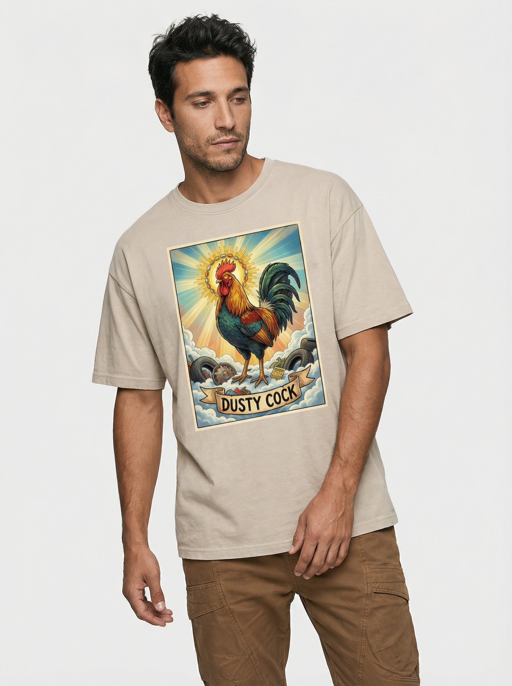 Dusty Cock, "Saint Cock Apricot" Rooster Graphic Tee – Heavyweight 100% Cotton, Vintage Wash, Washed Apricot