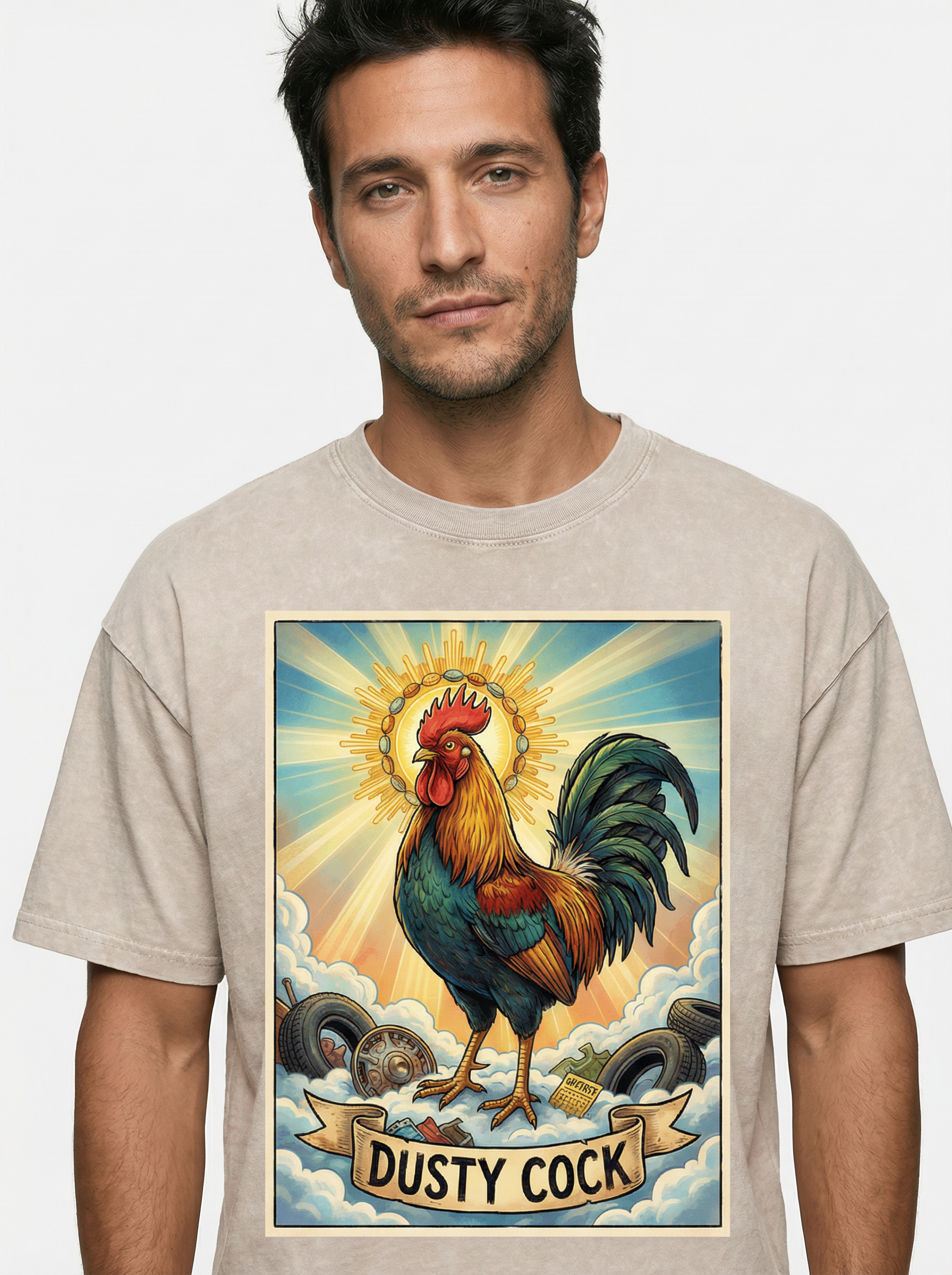 Dusty Cock, "Saint Cock Apricot" Rooster Graphic Tee – Heavyweight 100% Cotton, Vintage Wash, Washed Apricot