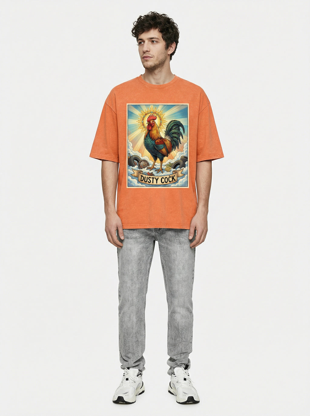 Dusty Cock, "Saint Cock" Rooster Graphic Tee – Heavyweight 100% Cotton, Vintage Wash, Washed Orange