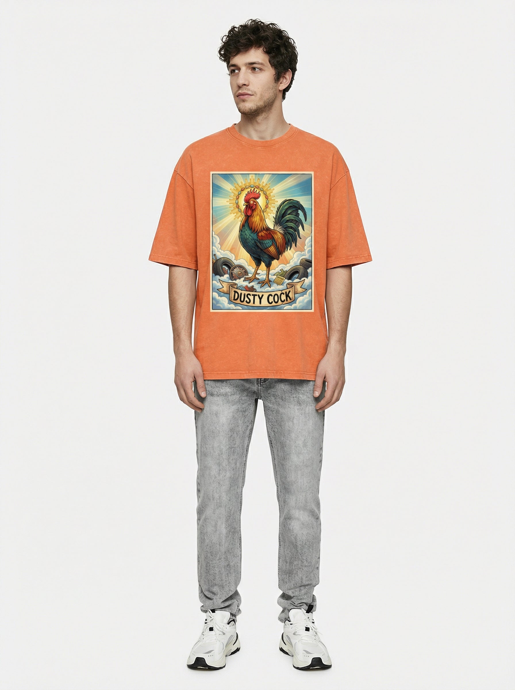 Dusty Cock, "Saint Cock" Rooster Graphic Tee – Heavyweight 100% Cotton, Vintage Wash, Washed Orange