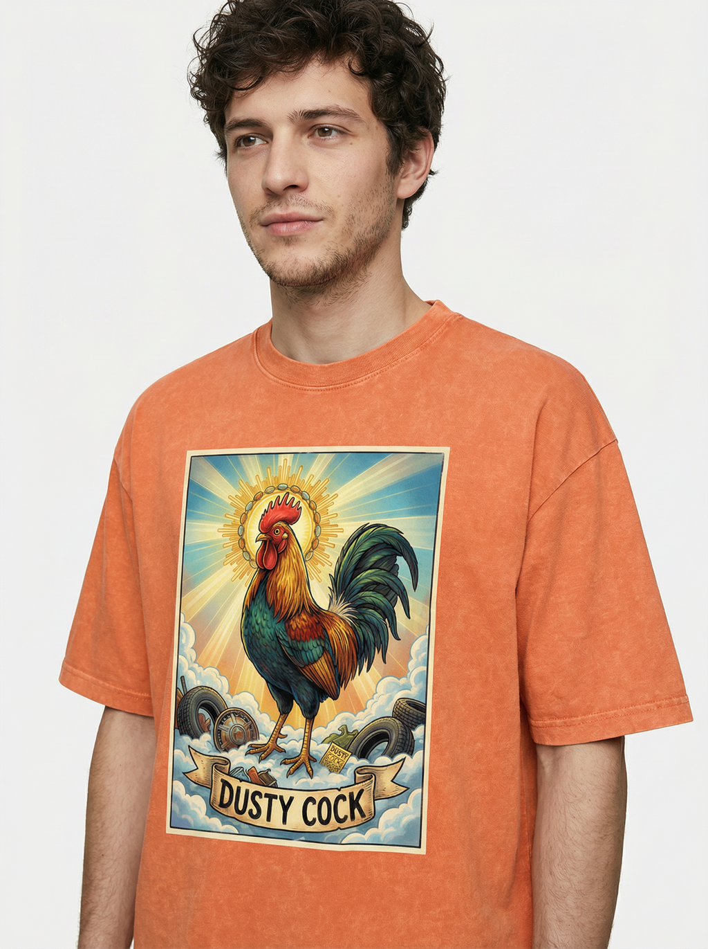 Dusty Cock, "Saint Cock" Rooster Graphic Tee – Heavyweight 100% Cotton, Vintage Wash, Washed Orange