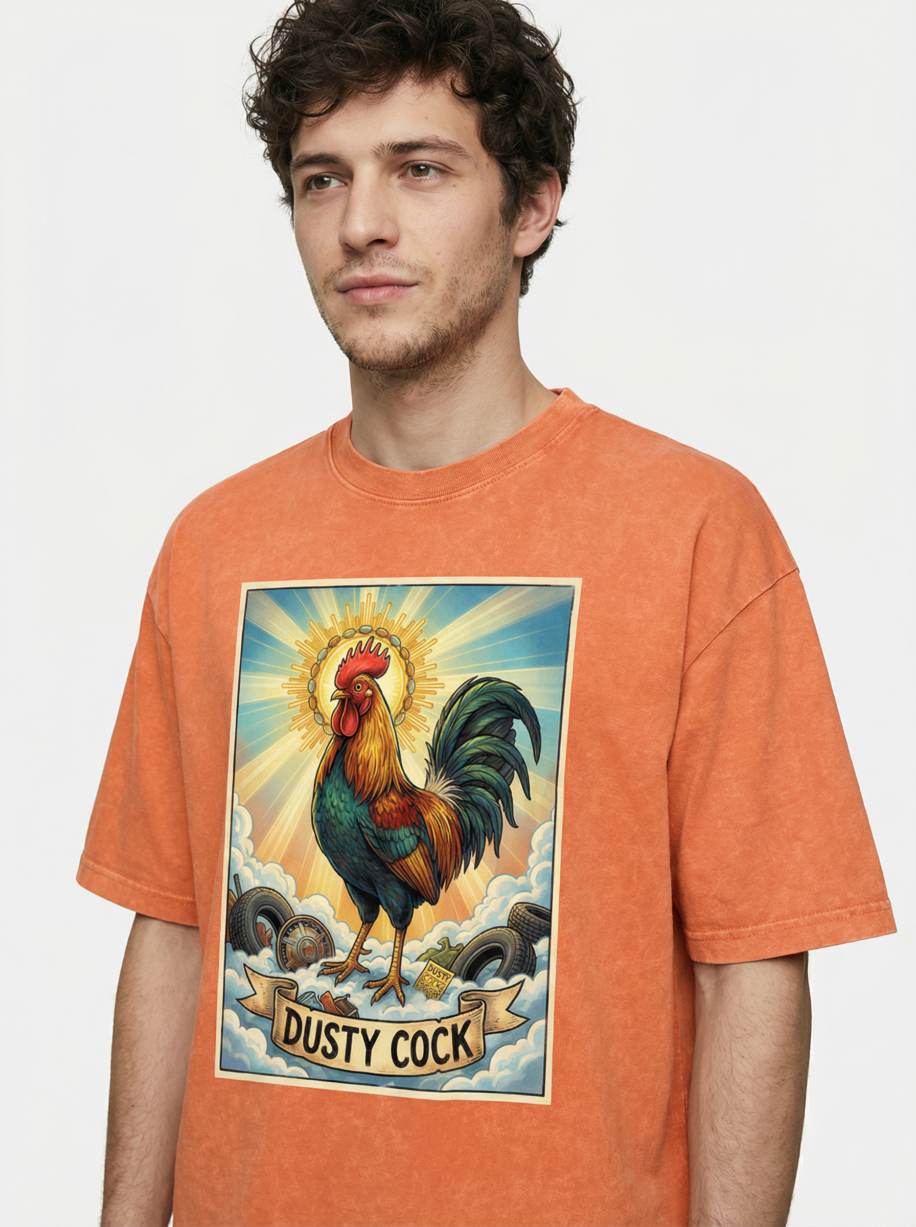 Dusty Cock, "Saint Cock" Rooster Graphic Tee – Heavyweight 100% Cotton, Vintage Wash, Washed Orange