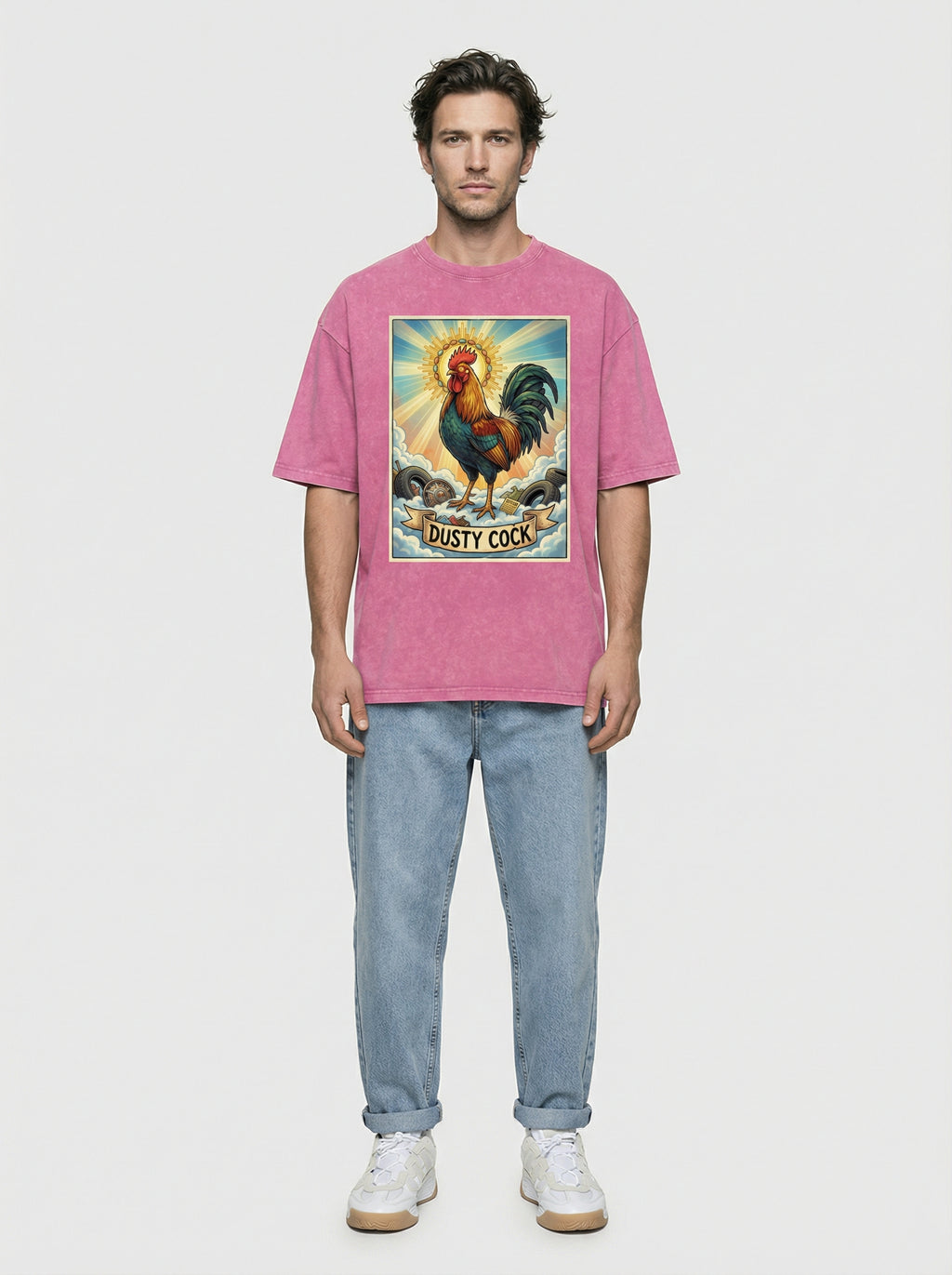Dusty Cock, "Saint Cock" Rooster Graphic Tee – Heavyweight 100% Cotton, Vintage Wash, Washed Pink