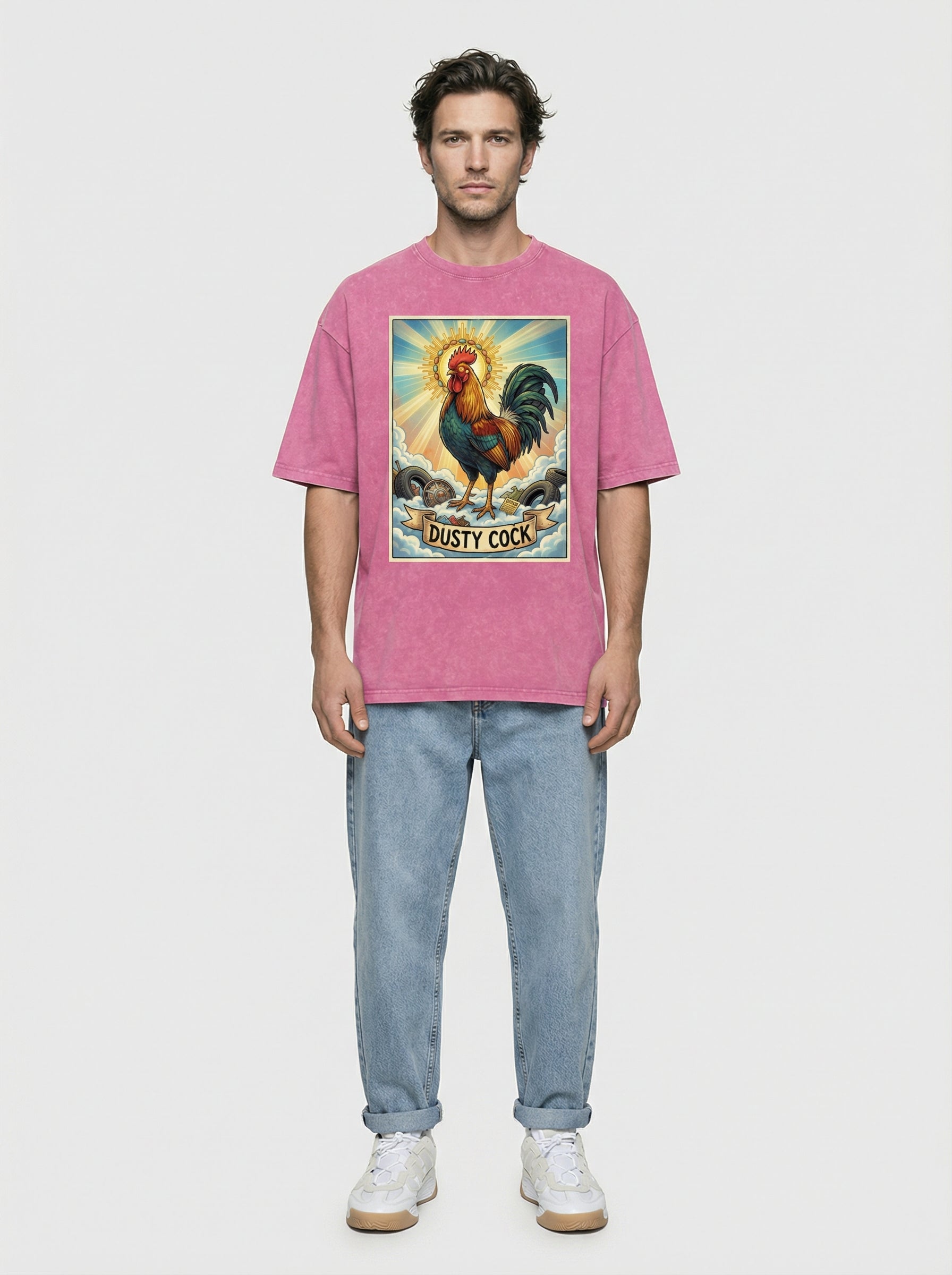 Dusty Cock, "Saint Cock" Rooster Graphic Tee – Heavyweight 100% Cotton, Vintage Wash, Washed Pink