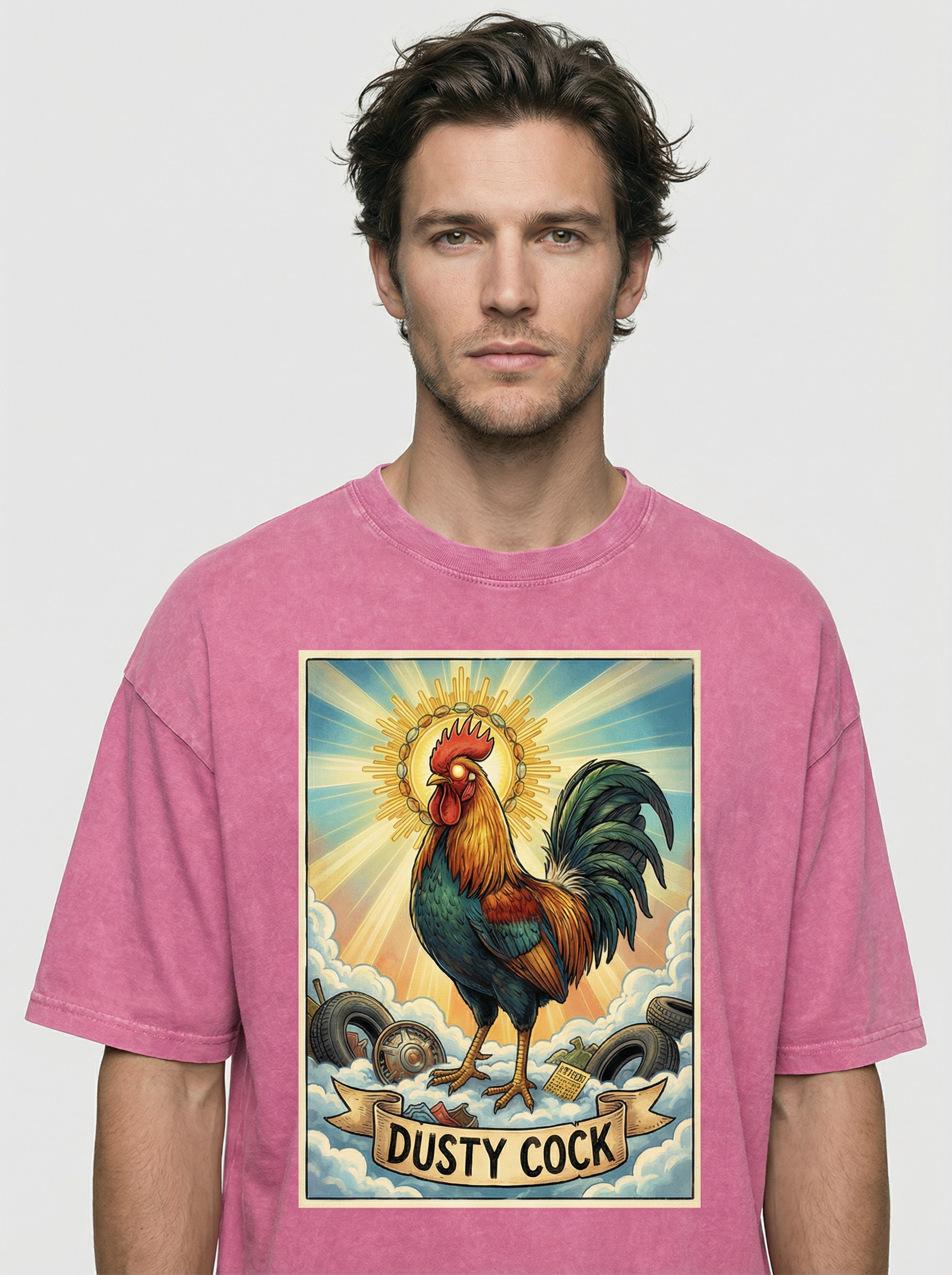 Dusty Cock, "Saint Cock" Rooster Graphic Tee – Heavyweight 100% Cotton, Vintage Wash, Washed Pink