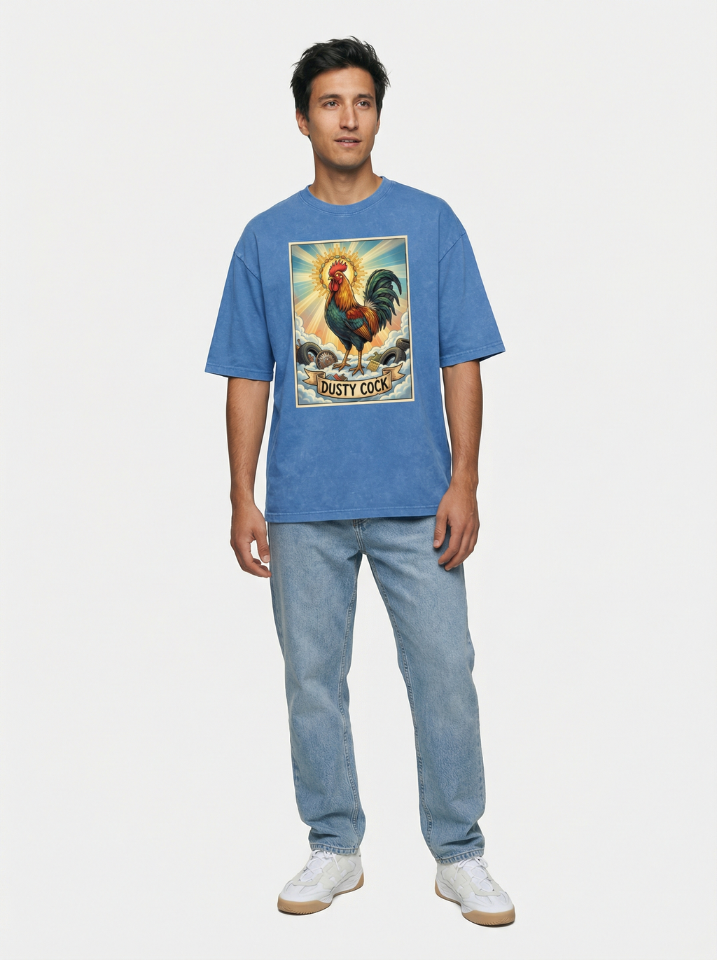 Dusty Cock, "Saint Cock" Rooster Graphic Tee – Heavyweight 100% Cotton, Vintage Wash, Washed Blue