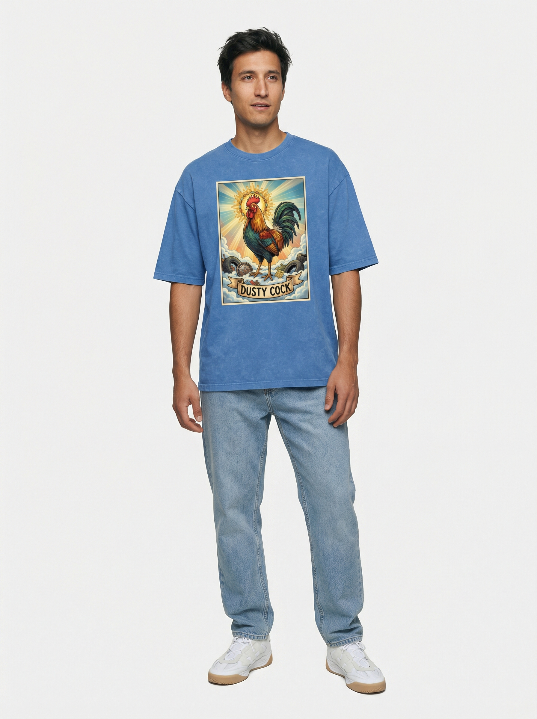 Dusty Cock, "Saint Cock" Rooster Graphic Tee – Heavyweight 100% Cotton, Vintage Wash, Washed Blue