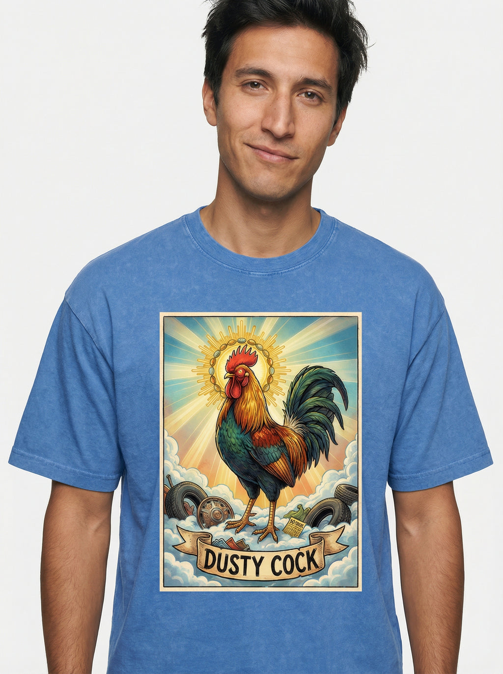 Dusty Cock, "Saint Cock" Rooster Graphic Tee – Heavyweight 100% Cotton, Vintage Wash, Washed Blue
