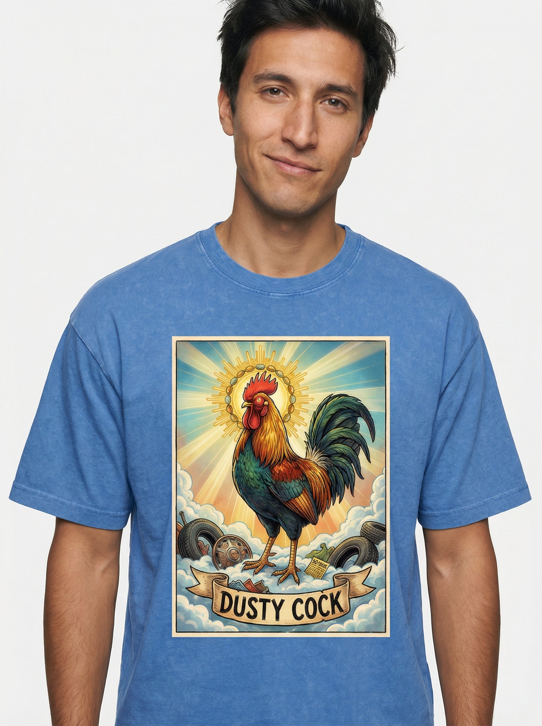 Dusty Cock, "Saint Cock" Rooster Graphic Tee – Heavyweight 100% Cotton, Vintage Wash, Washed Blue