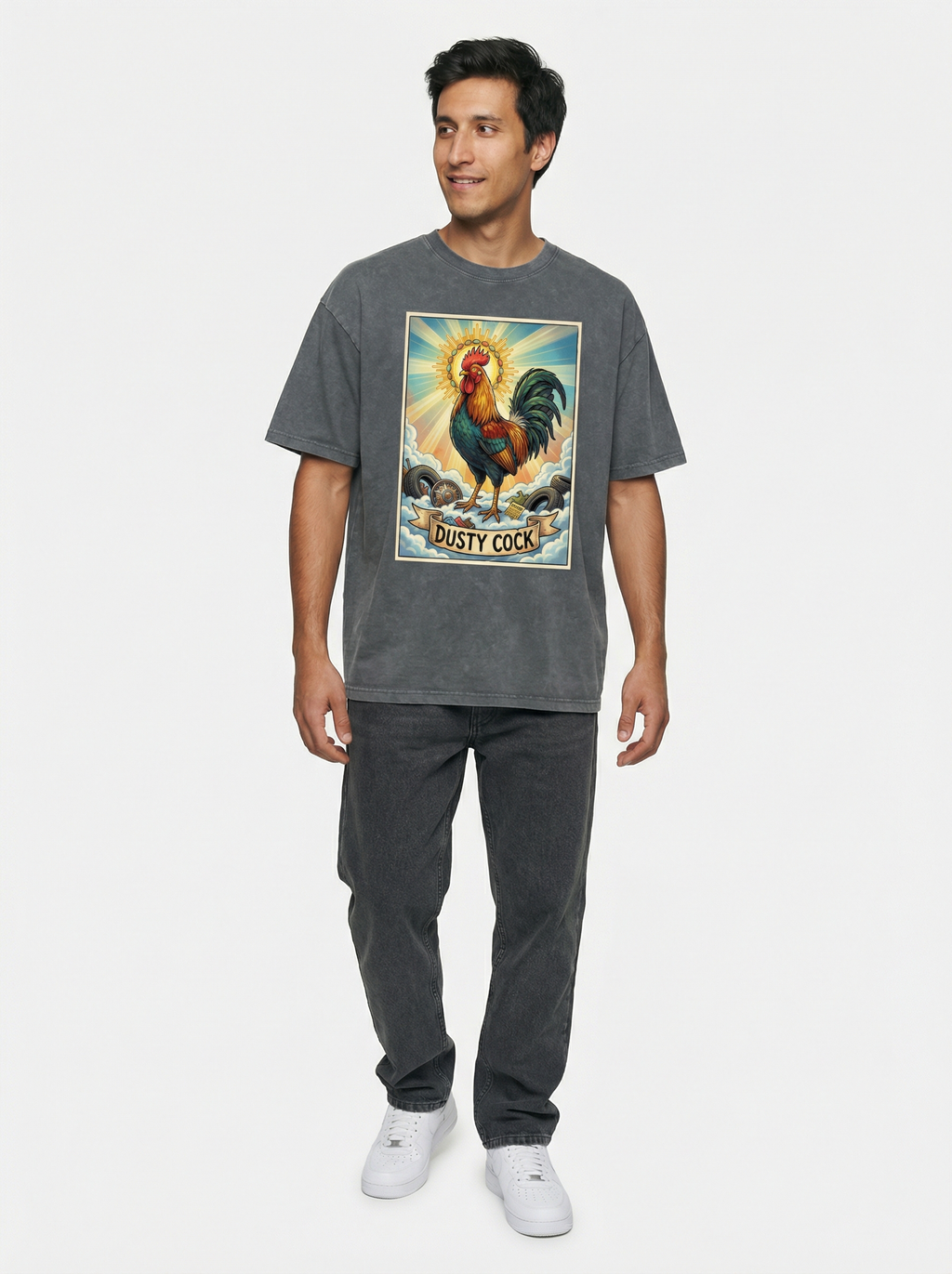 Dusty Cock, "Saint Cock" Rooster Graphic Tee – Heavyweight 100% Cotton, Vintage Wash, Washed Grey