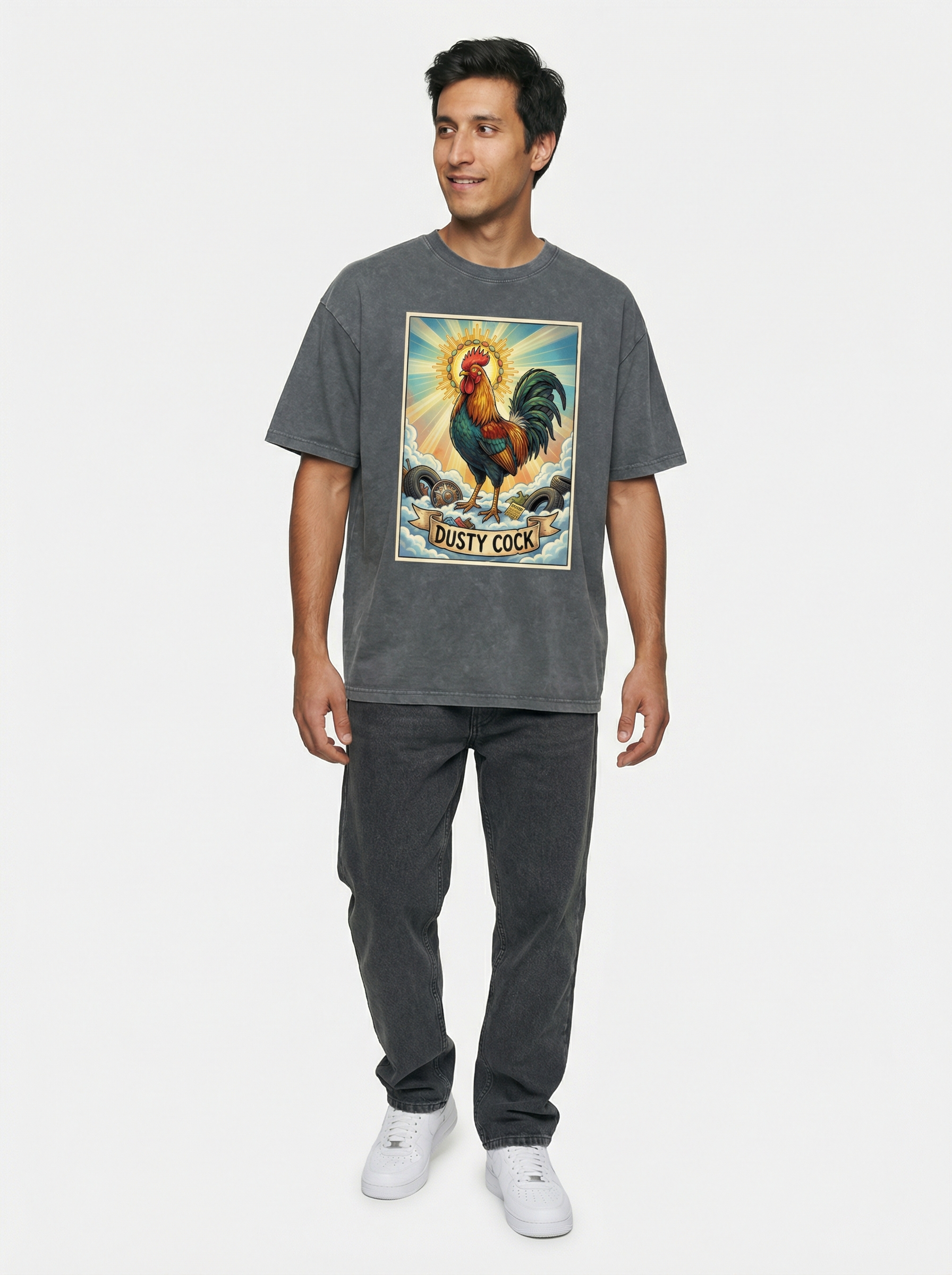 Dusty Cock, "Saint Cock" Rooster Graphic Tee – Heavyweight 100% Cotton, Vintage Wash, Washed Grey