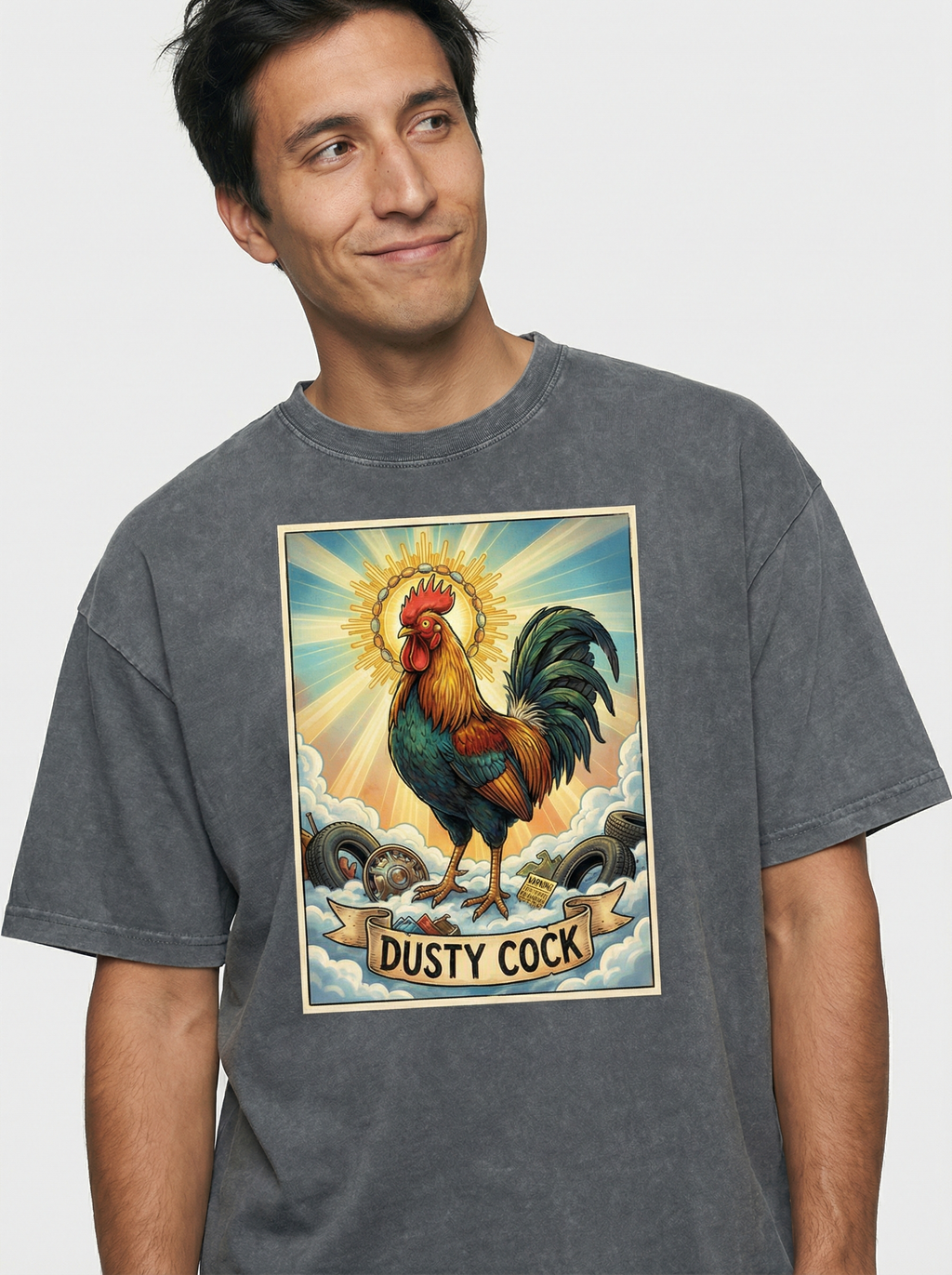Dusty Cock, "Saint Cock" Rooster Graphic Tee – Heavyweight 100% Cotton, Vintage Wash, Washed Grey