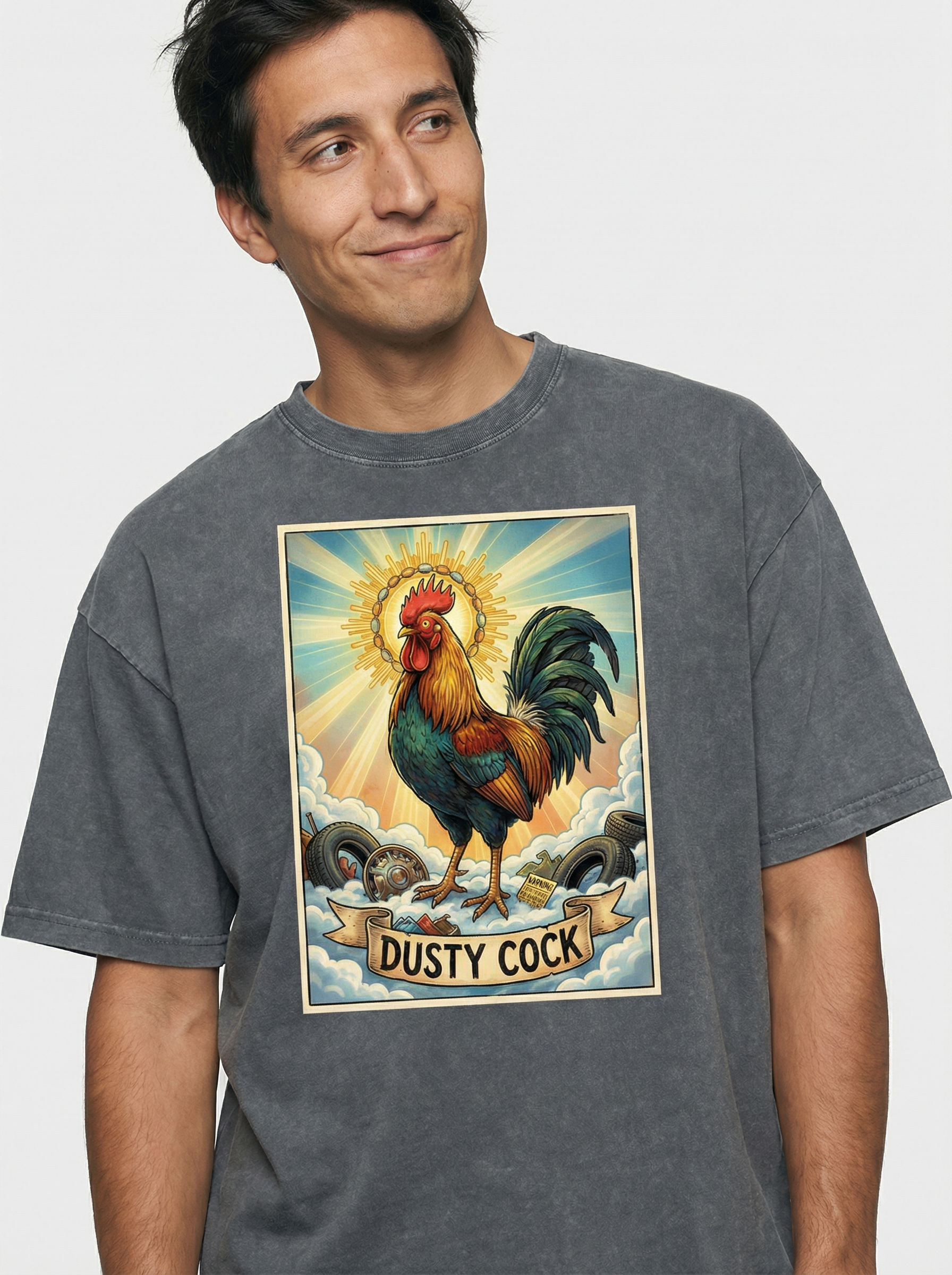 Dusty Cock, "Saint Cock" Rooster Graphic Tee – Heavyweight 100% Cotton, Vintage Wash, Washed Grey