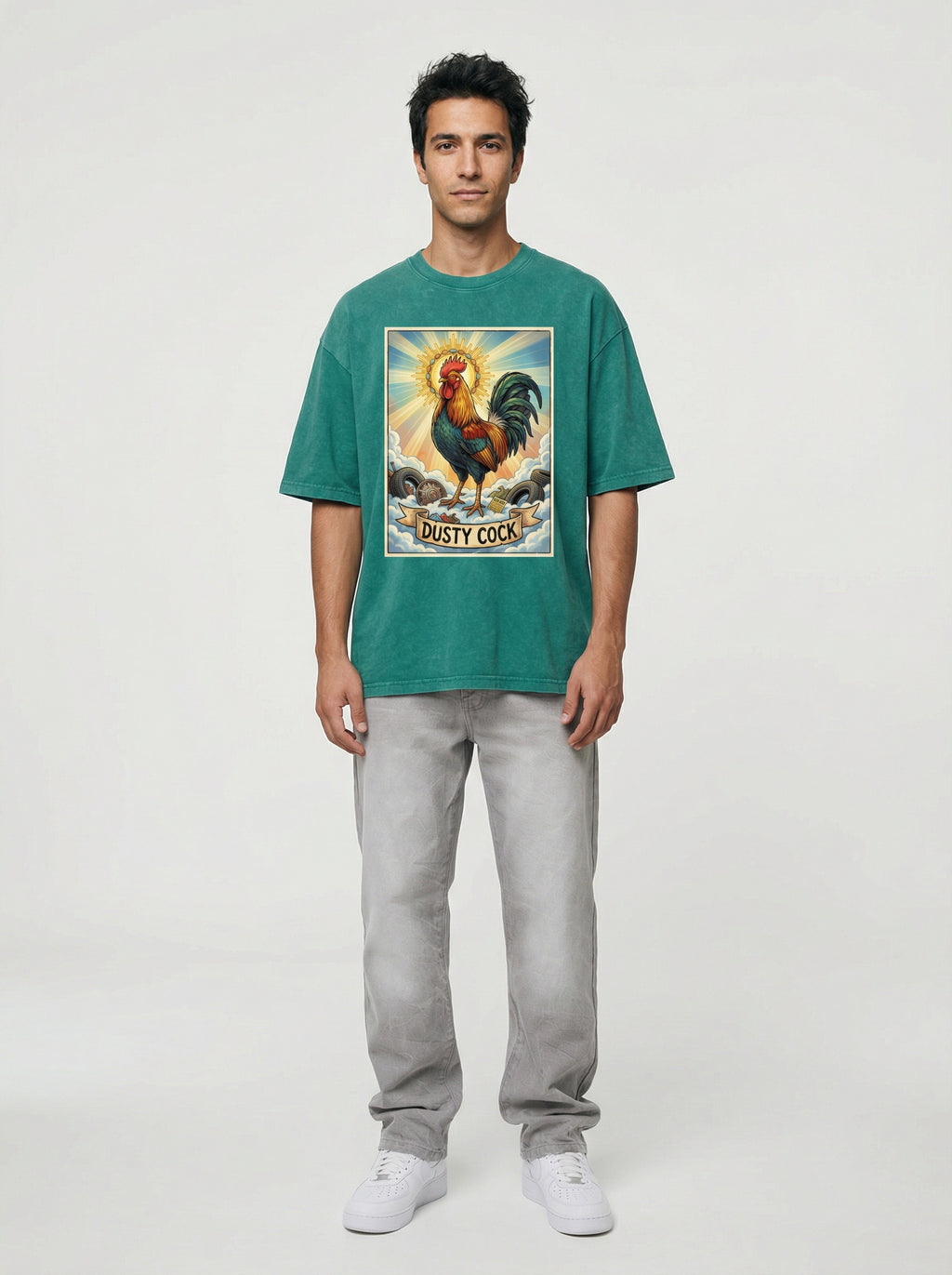 Dusty Cock, "Saint Cock" Rooster Graphic Tee – Heavyweight 100% Cotton, Vintage Wash, Washed Green