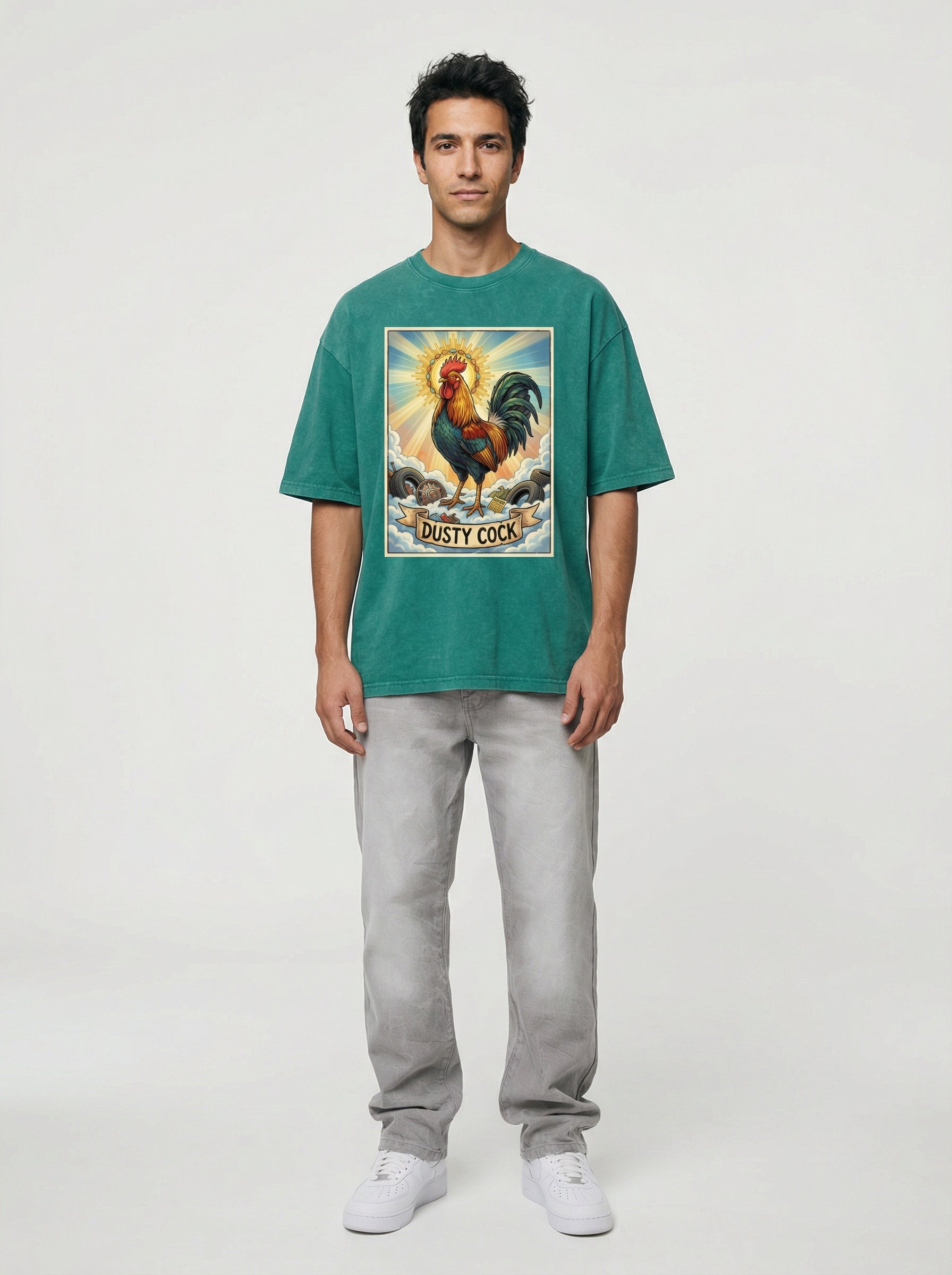 Dusty Cock, "Saint Cock" Rooster Graphic Tee – Heavyweight 100% Cotton, Vintage Wash, Washed Green