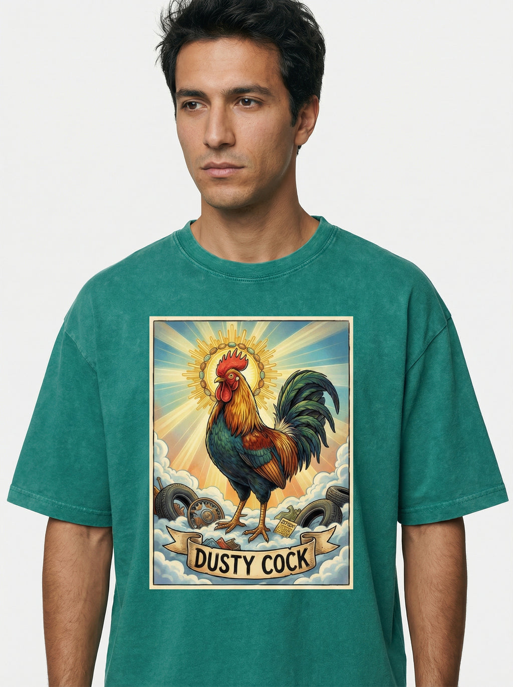 Dusty Cock, "Saint Cock" Rooster Graphic Tee – Heavyweight 100% Cotton, Vintage Wash, Washed Green