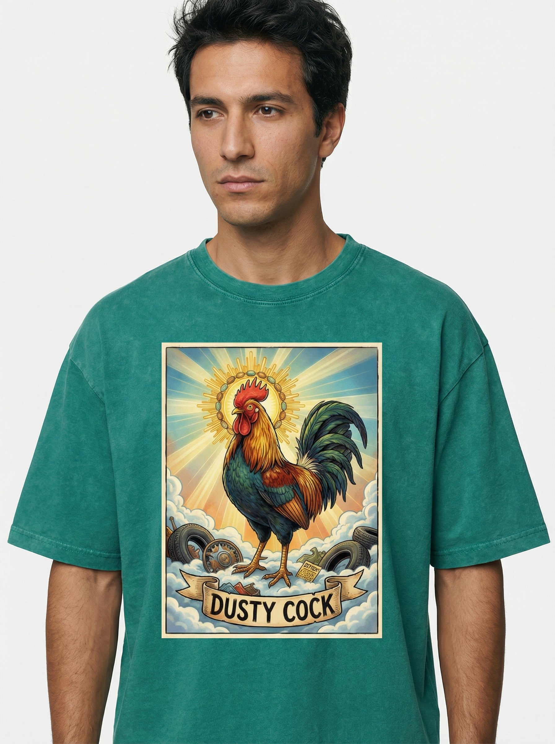Dusty Cock, "Saint Cock" Rooster Graphic Tee – Heavyweight 100% Cotton, Vintage Wash, Washed Green