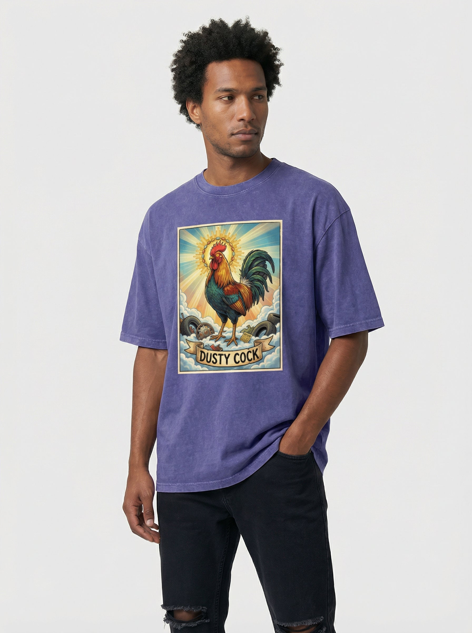 Dusty Cock, "Saint Cock" Rooster Graphic Tee – Heavyweight 100% Cotton, Vintage Wash, Washed Purple Haze