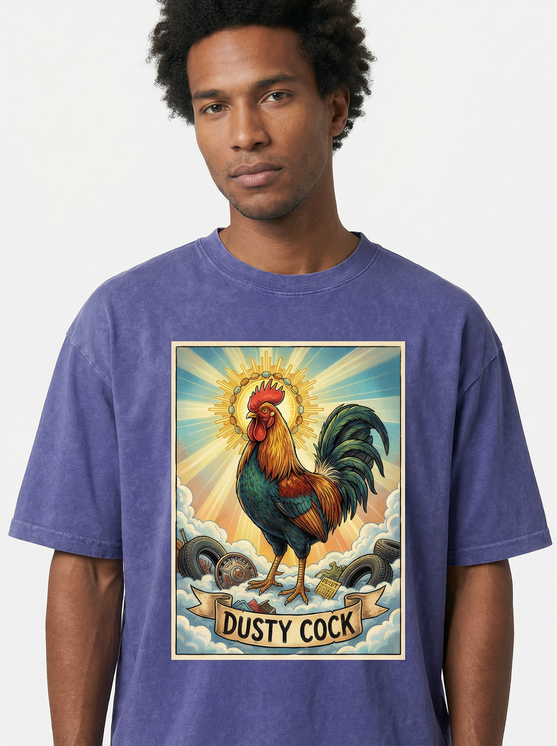 Dusty Cock, "Saint Cock" Rooster Graphic Tee – Heavyweight 100% Cotton, Vintage Wash, Washed Purple Haze