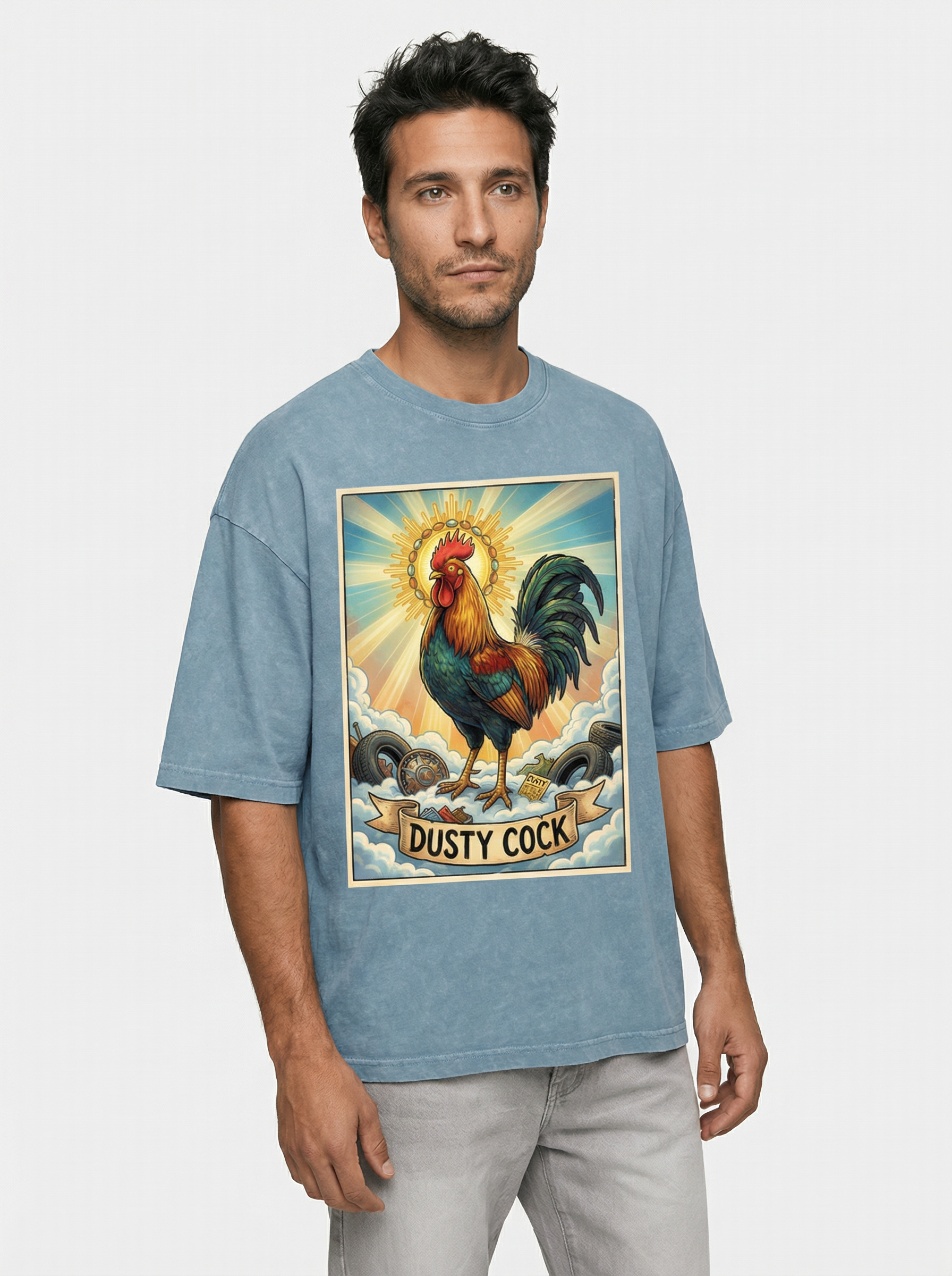 Dusty Cock, "Saint Cock" Rooster Graphic Tee – Heavyweight 100% Cotton, Vintage Wash, Washed Blue Jeans