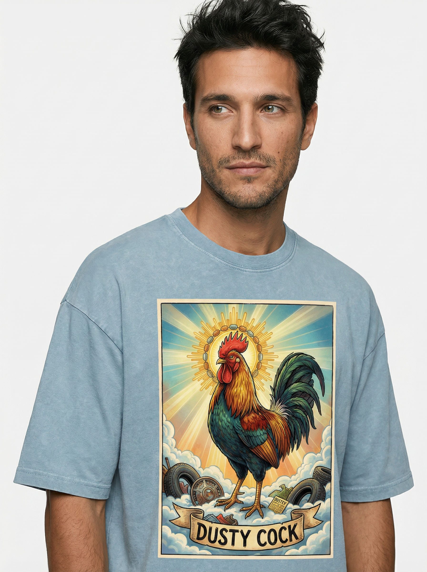 Dusty Cock, "Saint Cock" Rooster Graphic Tee – Heavyweight 100% Cotton, Vintage Wash, Washed Blue Jeans