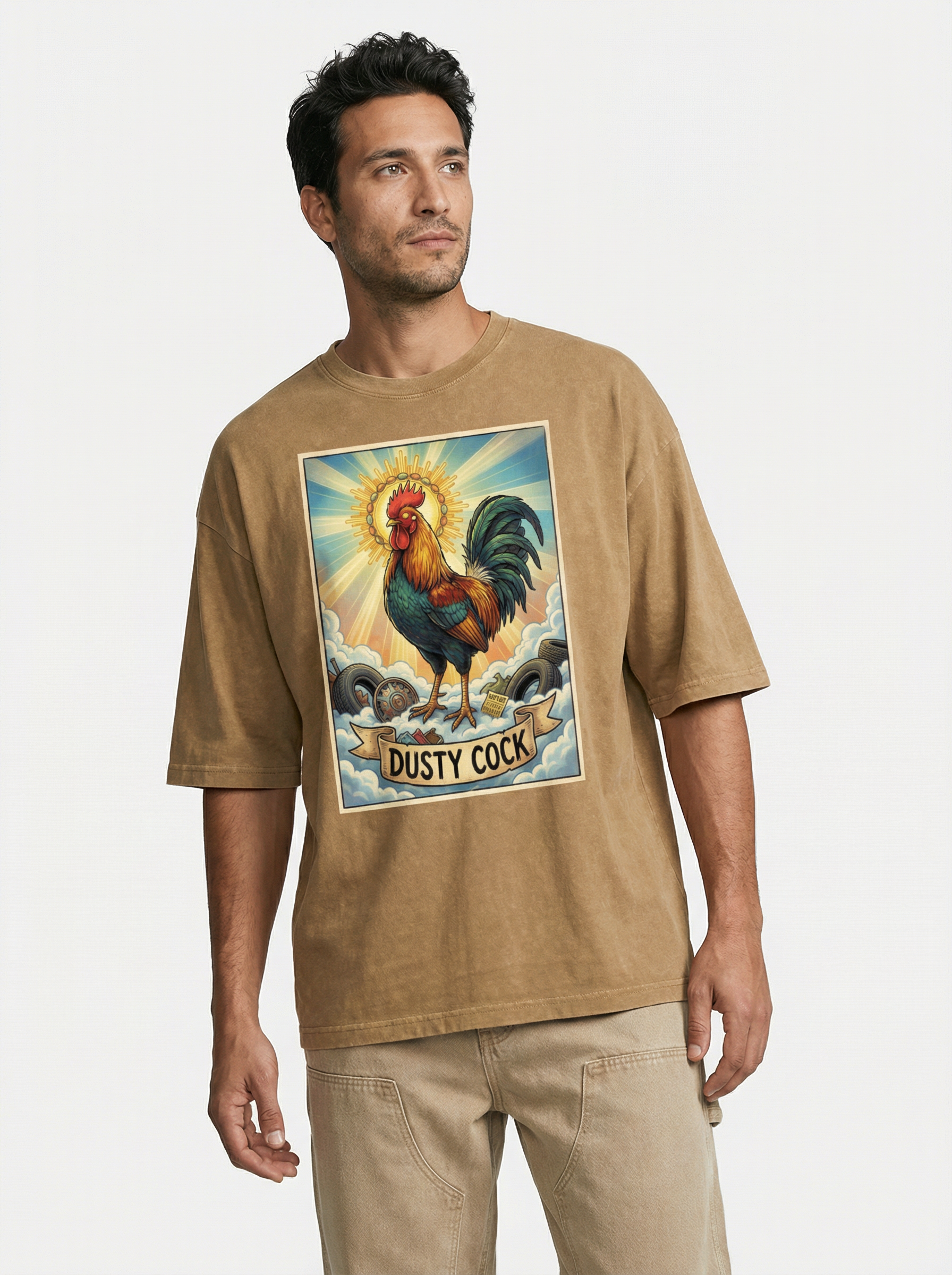 Dusty Cock, "Saint Cock" Rooster Graphic Tee – Heavyweight 100% Cotton, Vintage Wash, Washed Light Brown