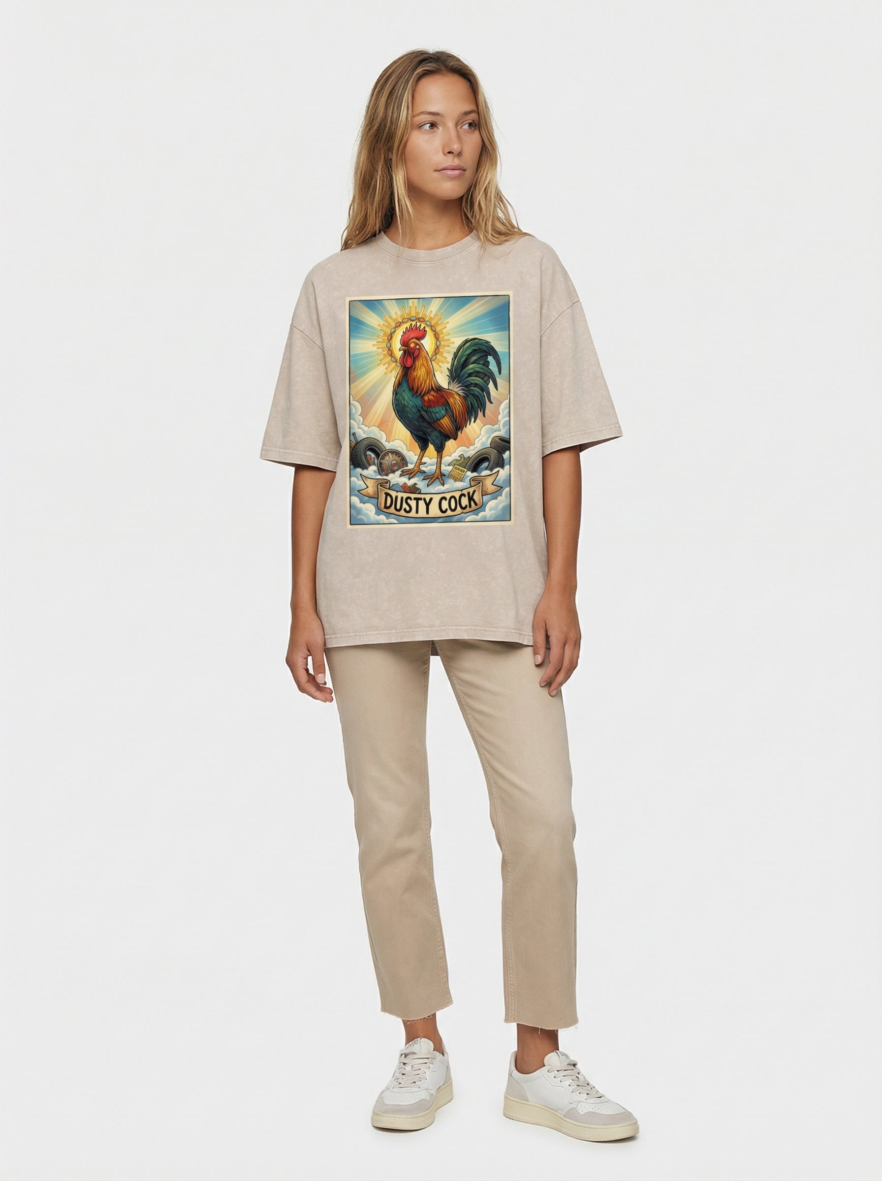Dusty Cock, "Saint Cock Apricot" Rooster Graphic Tee – Heavyweight 100% Cotton, Vintage Wash, Washed Apricot