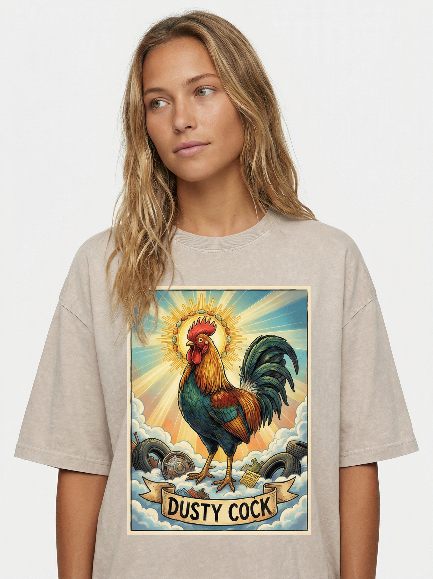 Dusty Cock, "Saint Cock Apricot" Rooster Graphic Tee – Heavyweight 100% Cotton, Vintage Wash, Washed Apricot