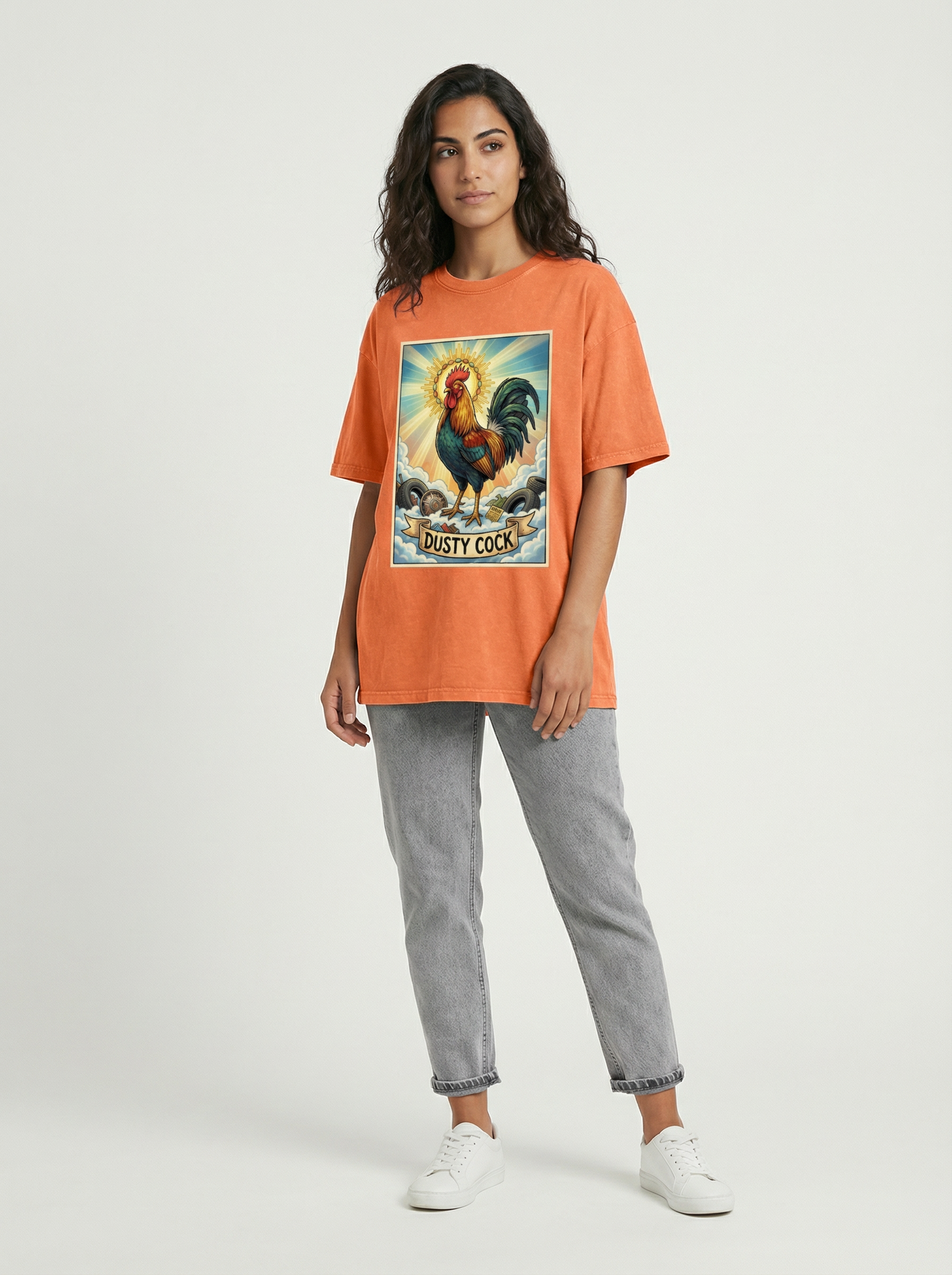 Dusty Cock, "Saint Cock" Rooster Graphic Tee – Heavyweight 100% Cotton, Vintage Wash, Washed Orange