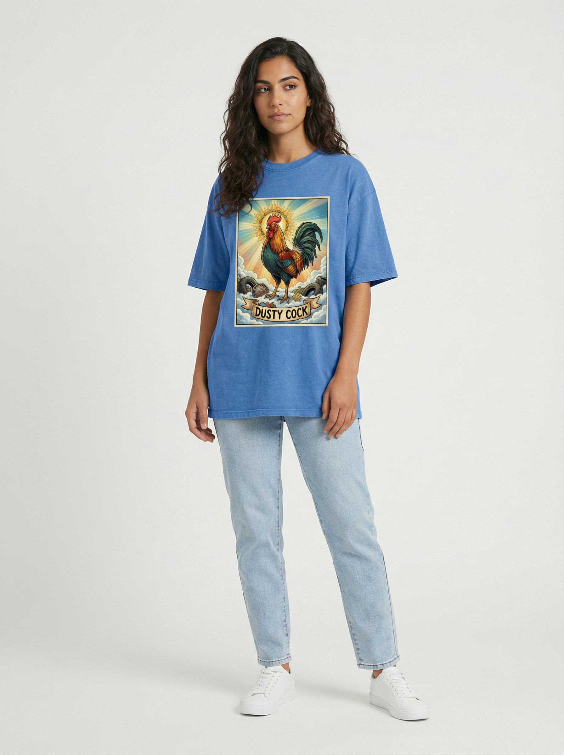 Dusty Cock, "Saint Cock" Rooster Graphic Tee – Heavyweight 100% Cotton, Vintage Wash, Washed Blue