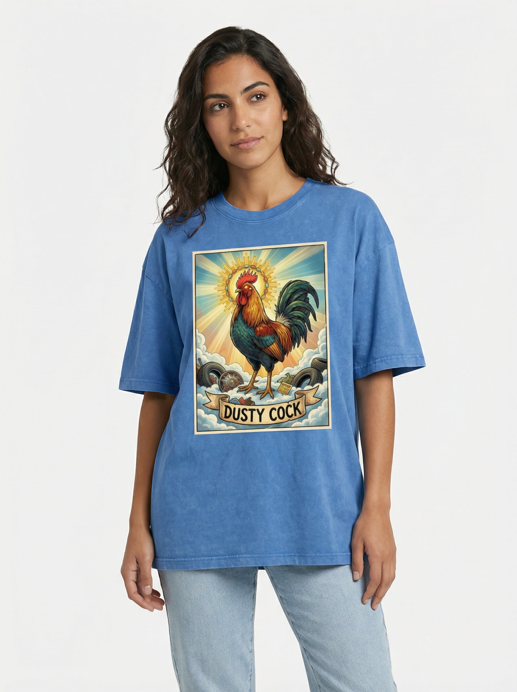 Dusty Cock, "Saint Cock" Rooster Graphic Tee – Heavyweight 100% Cotton, Vintage Wash, Washed Blue