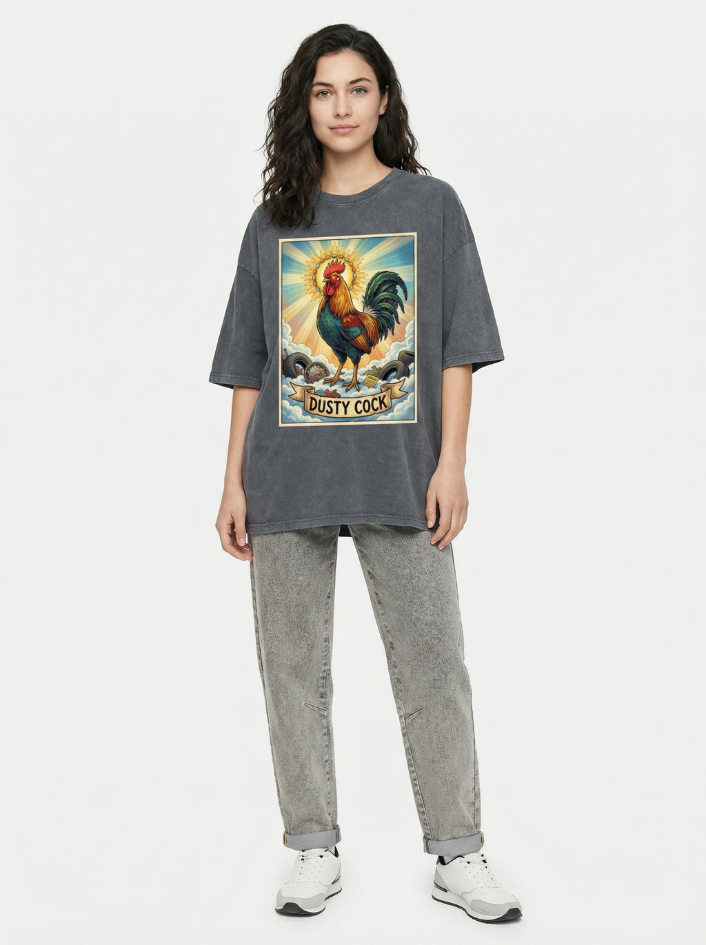 Dusty Cock, "Saint Cock" Rooster Graphic Tee – Heavyweight 100% Cotton, Vintage Wash, Washed Grey
