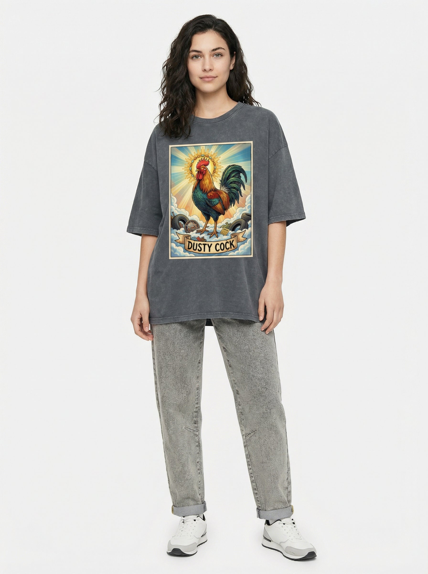 Dusty Cock, "Saint Cock" Rooster Graphic Tee – Heavyweight 100% Cotton, Vintage Wash, Washed Grey