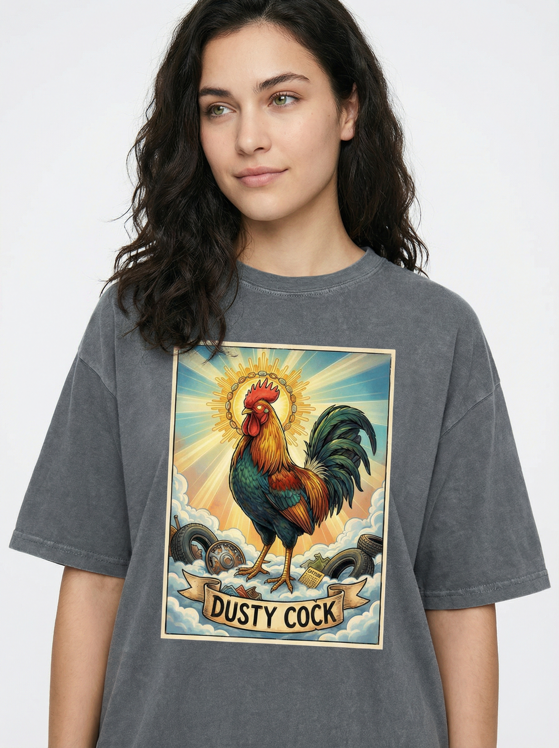 Dusty Cock, "Saint Cock" Rooster Graphic Tee – Heavyweight 100% Cotton, Vintage Wash, Washed Grey