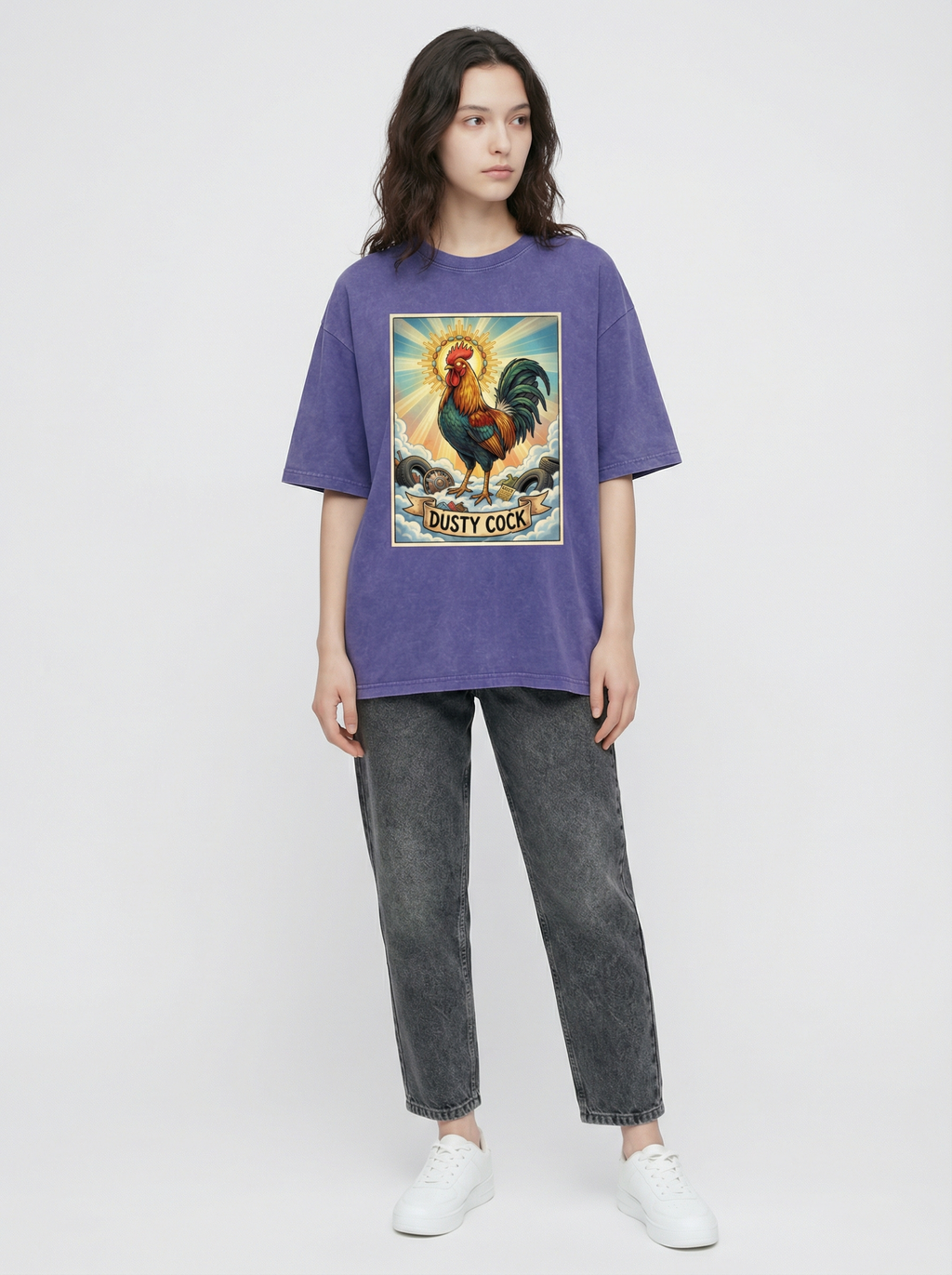 Dusty Cock, "Saint Cock" Rooster Graphic Tee – Heavyweight 100% Cotton, Vintage Wash, Washed Purple Haze