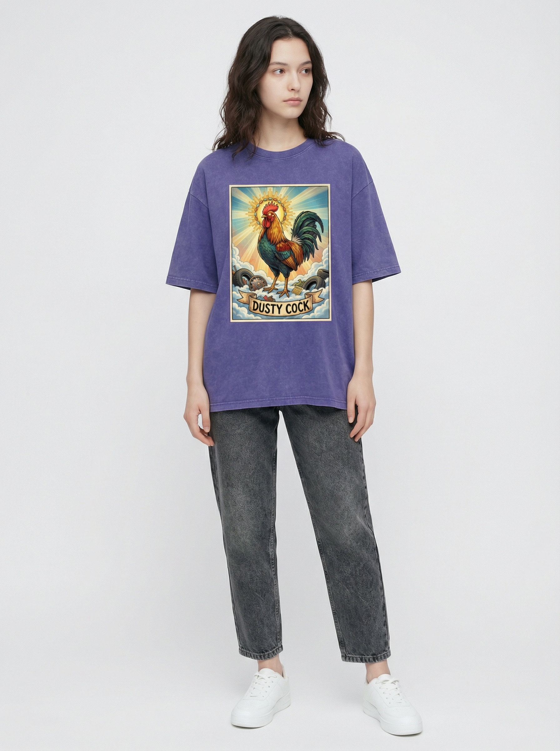 Dusty Cock, "Saint Cock" Rooster Graphic Tee – Heavyweight 100% Cotton, Vintage Wash, Washed Purple Haze
