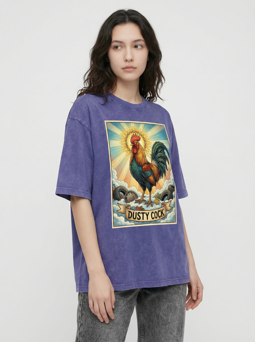 Dusty Cock, "Saint Cock" Rooster Graphic Tee – Heavyweight 100% Cotton, Vintage Wash, Washed Purple Haze
