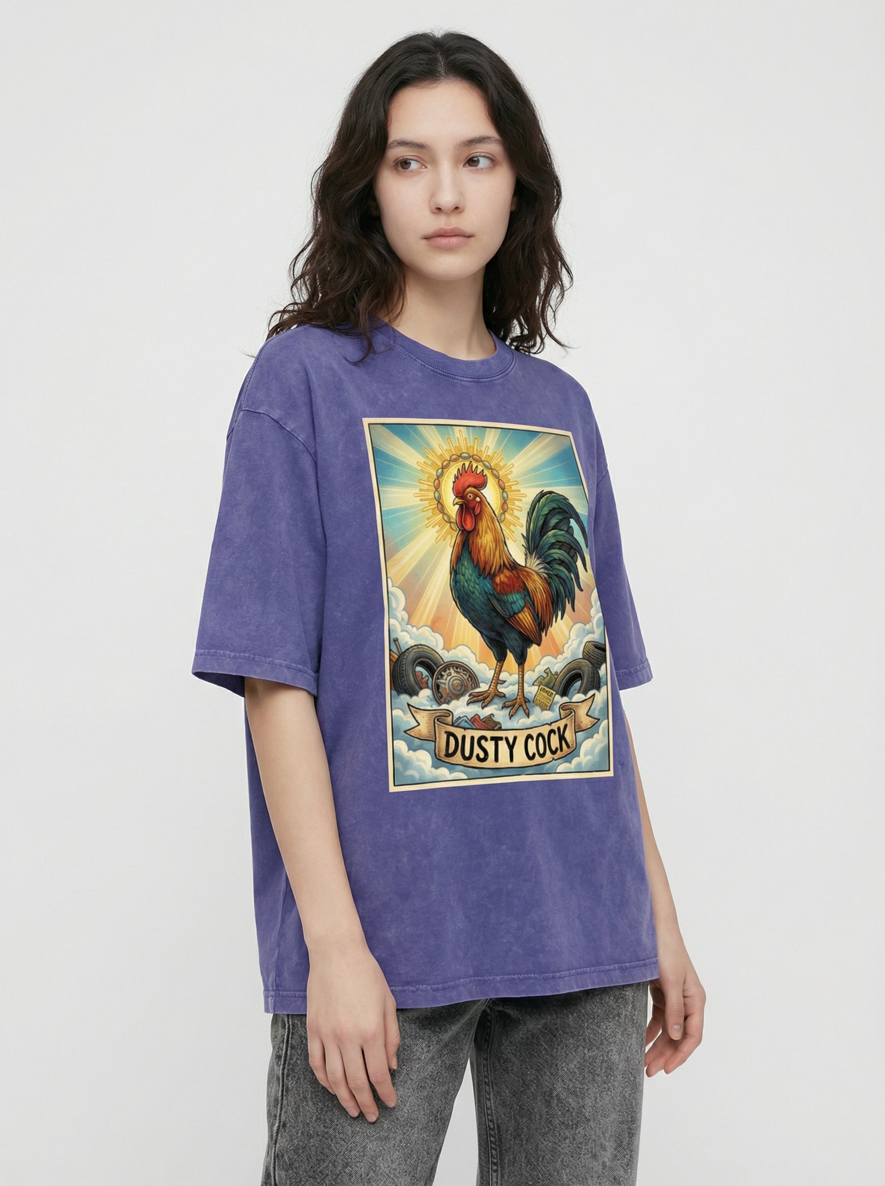 Dusty Cock, "Saint Cock" Rooster Graphic Tee – Heavyweight 100% Cotton, Vintage Wash, Washed Purple Haze