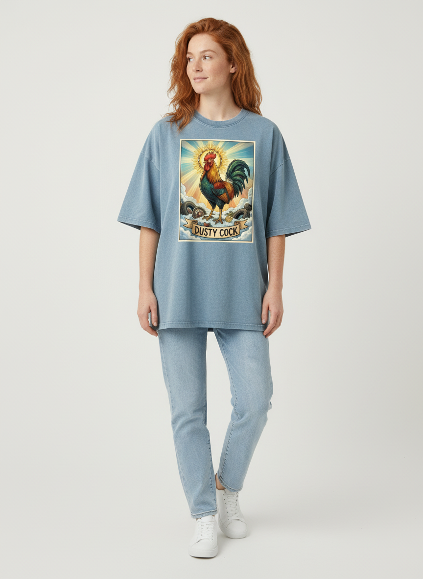 Dusty Cock, "Saint Cock" Rooster Graphic Tee – Heavyweight 100% Cotton, Vintage Wash, Washed Blue Jeans