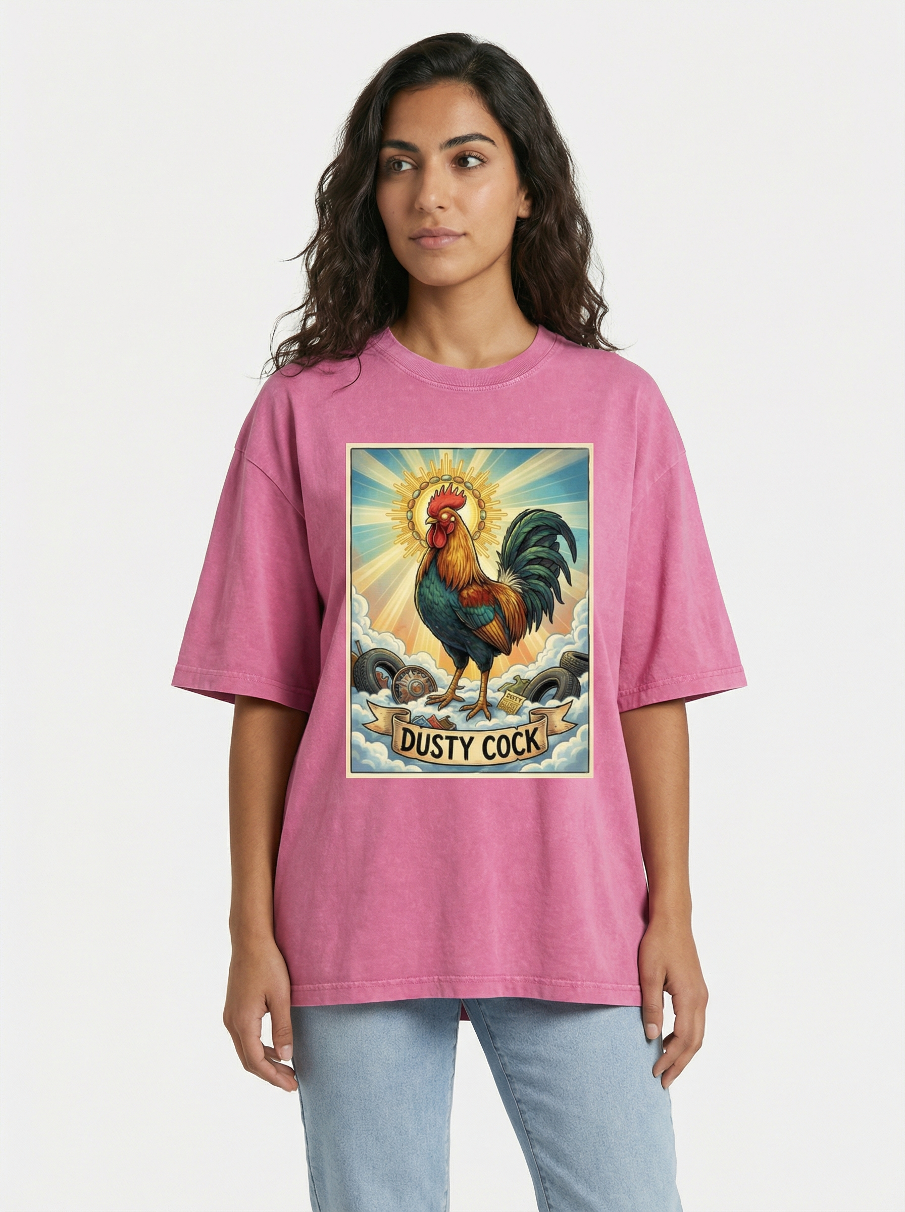 Dusty Cock, "Saint Cock" Rooster Graphic Tee – Heavyweight 100% Cotton, Vintage Wash, Washed Pink